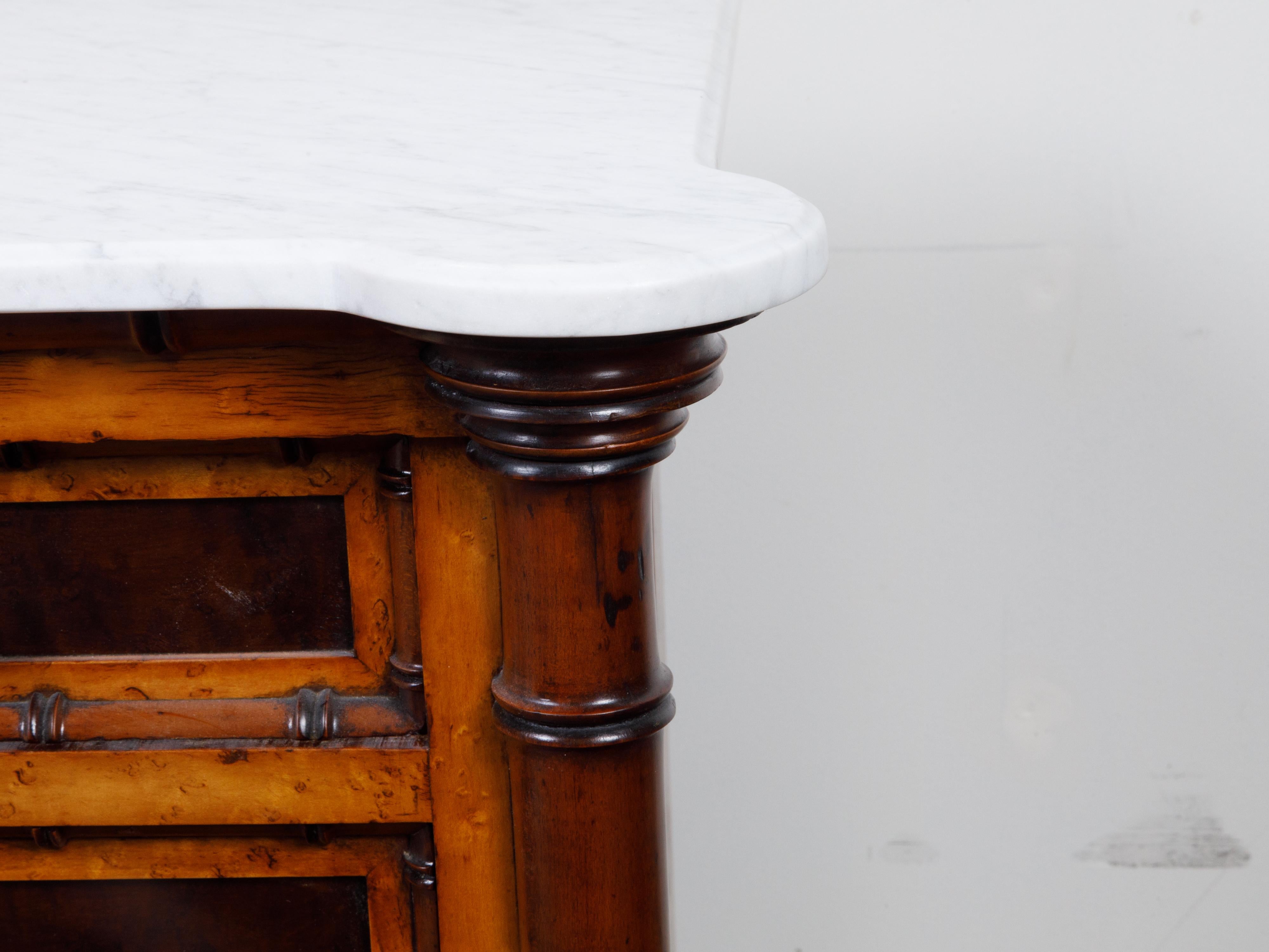 English 1870s Faux Bamboo Commode with Five Drawers and White Marble Top 1
