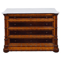 English 1870s Faux Bamboo Commode with Five Drawers and White Marble Top