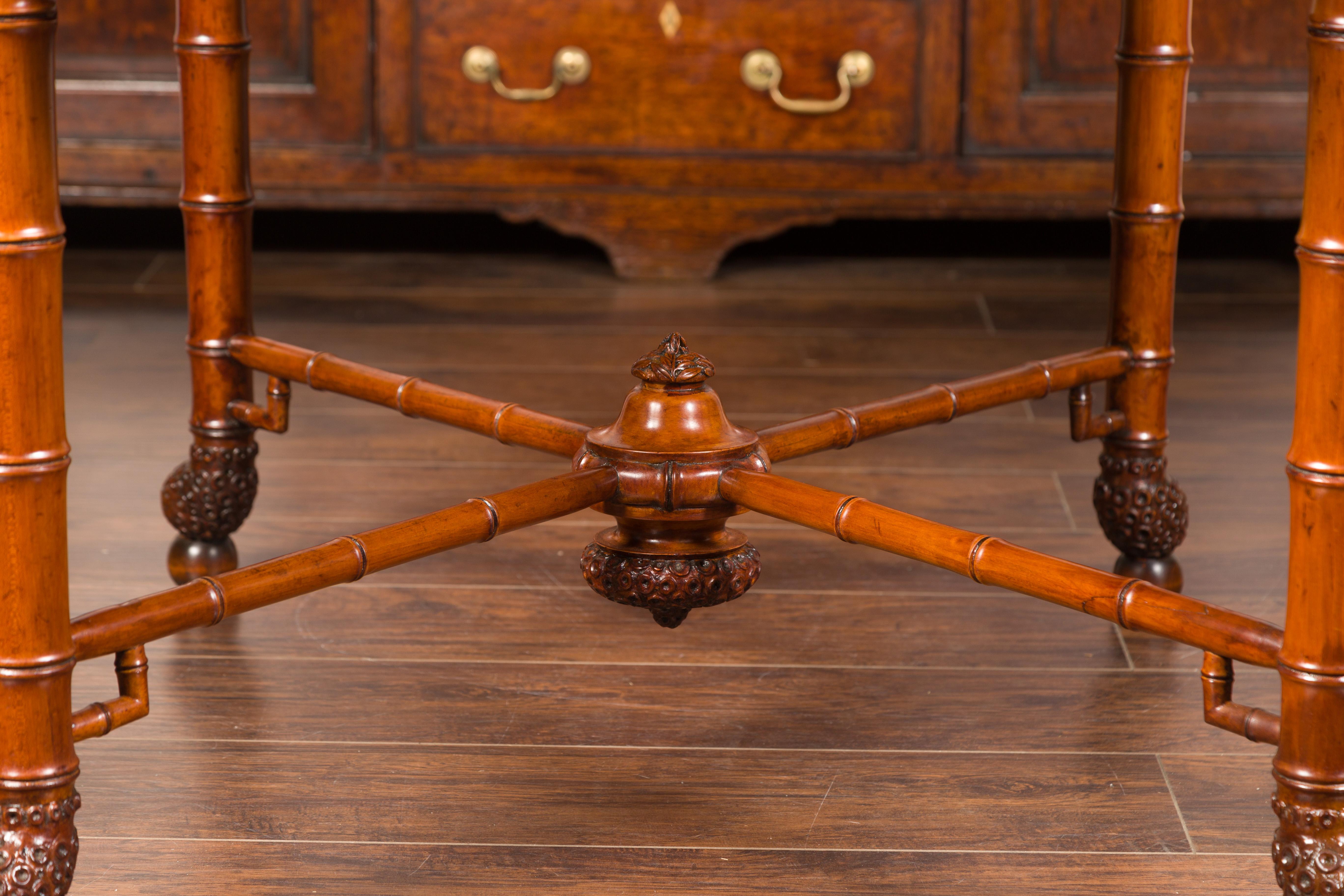 English 1870s Faux Bamboo Walnut Desk with Oval Top, Drawers and Root Style Feet For Sale 12