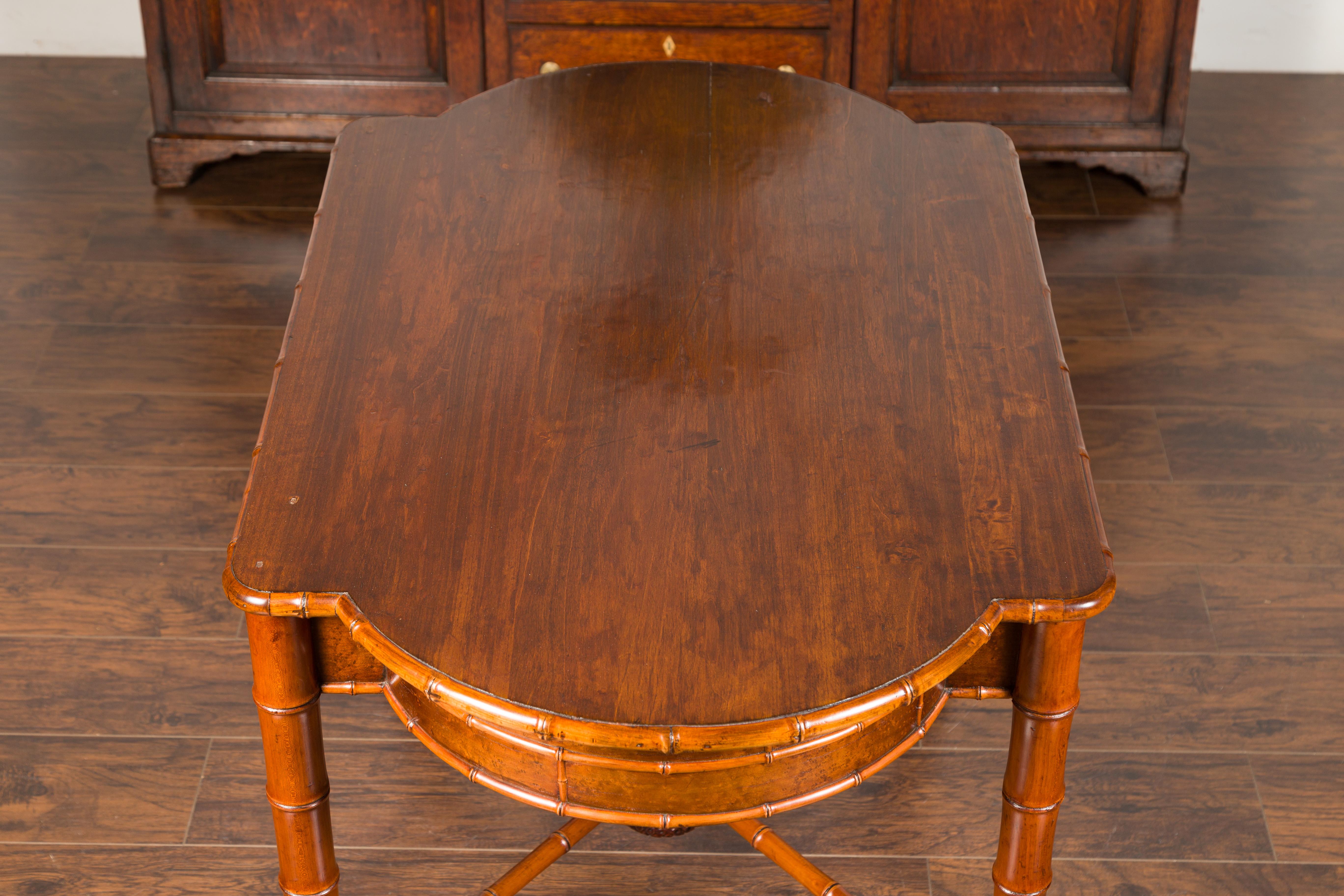 English 1870s Faux Bamboo Walnut Desk with Oval Top, Drawers and Root Style Feet For Sale 13
