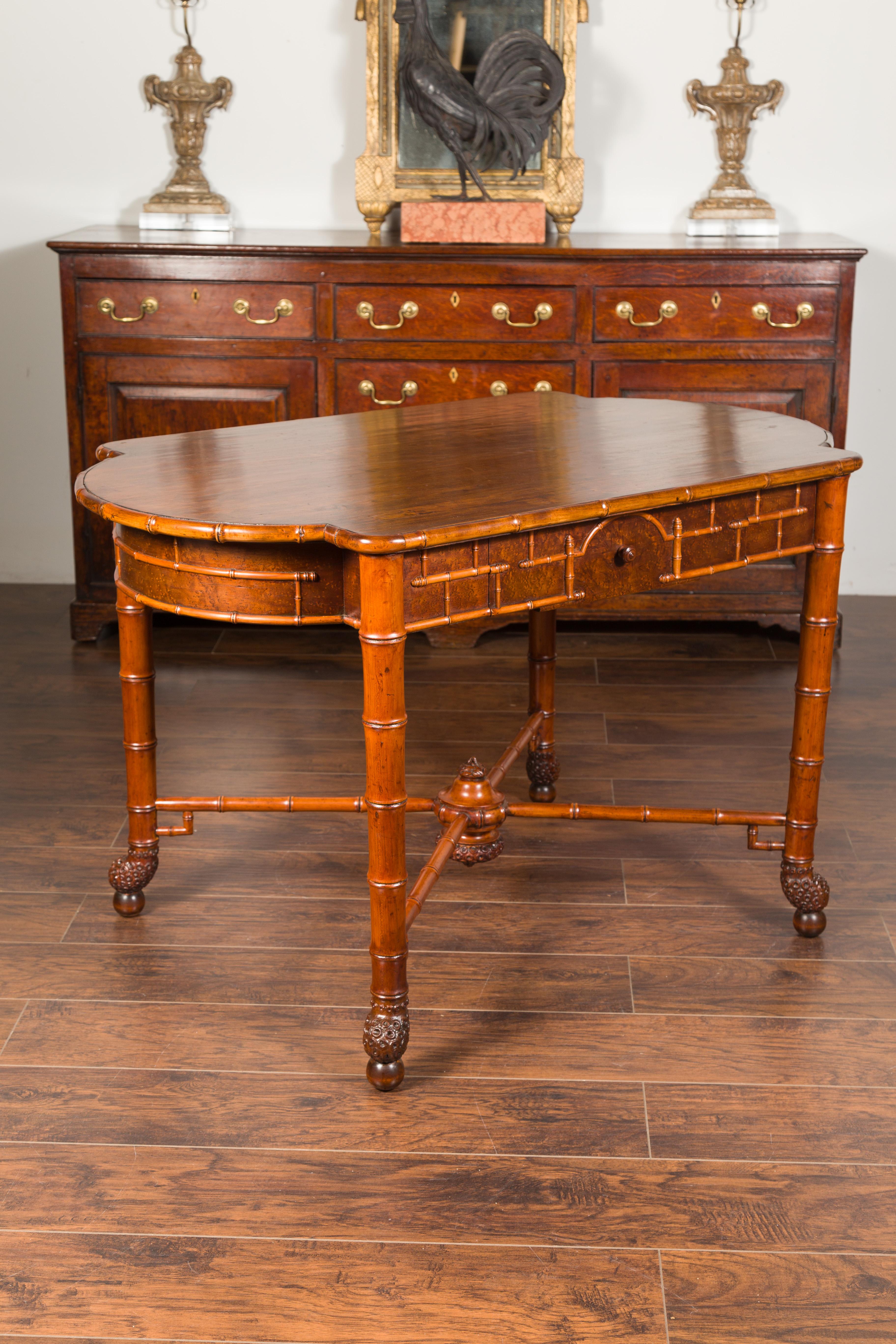 English 1870s Faux Bamboo Walnut Desk with Oval Top, Drawers and Root Style Feet In Good Condition For Sale In Atlanta, GA