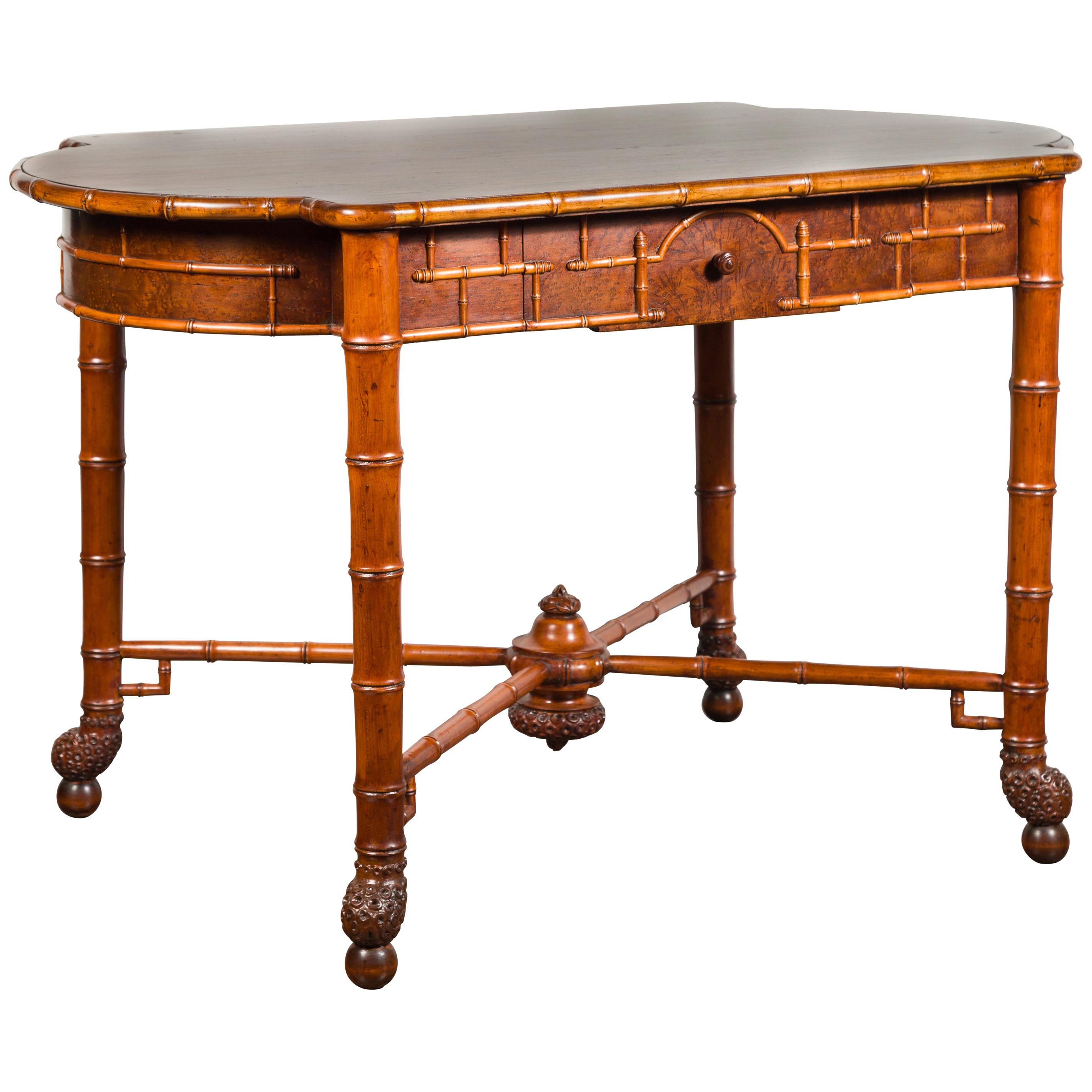 English 1870s Faux Bamboo Walnut Desk with Oval Top, Drawers and Root Style Feet For Sale