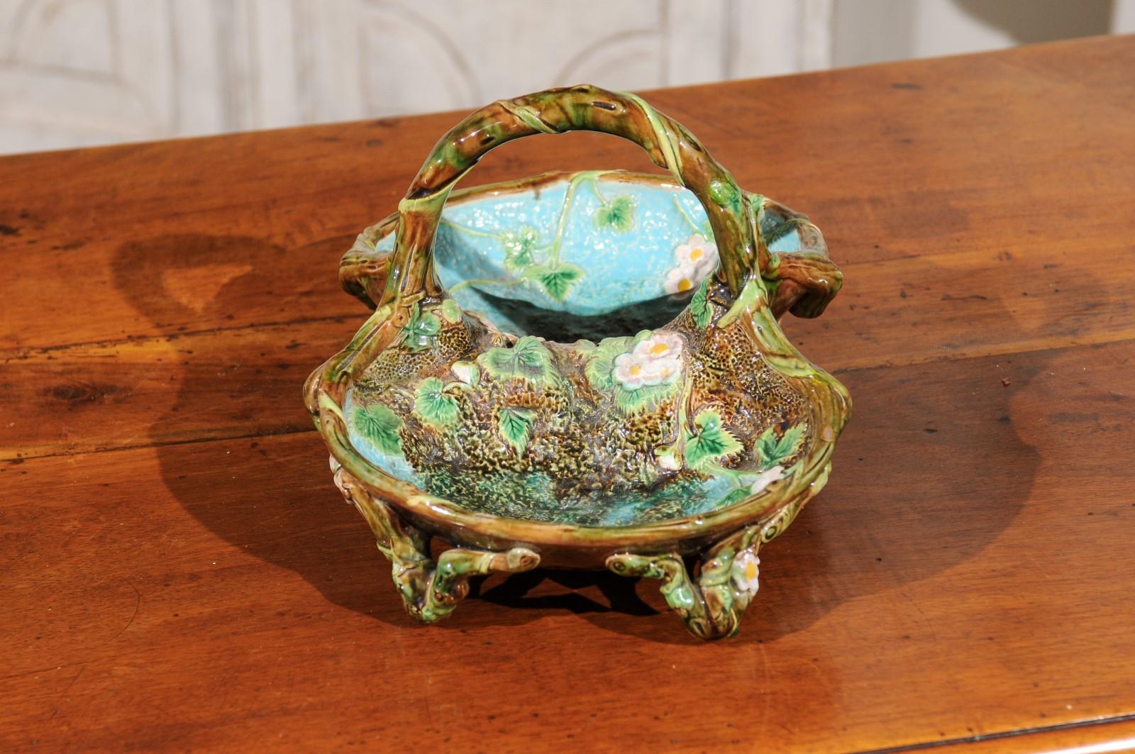 English 1870s George Jones Brown, Green and Turquoise Majolica Strawberry Basket 5