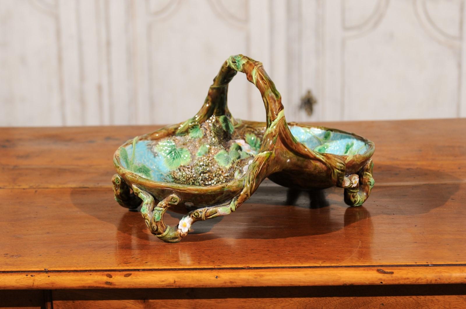 English 1870s George Jones Brown, Green and Turquoise Majolica Strawberry Basket 2