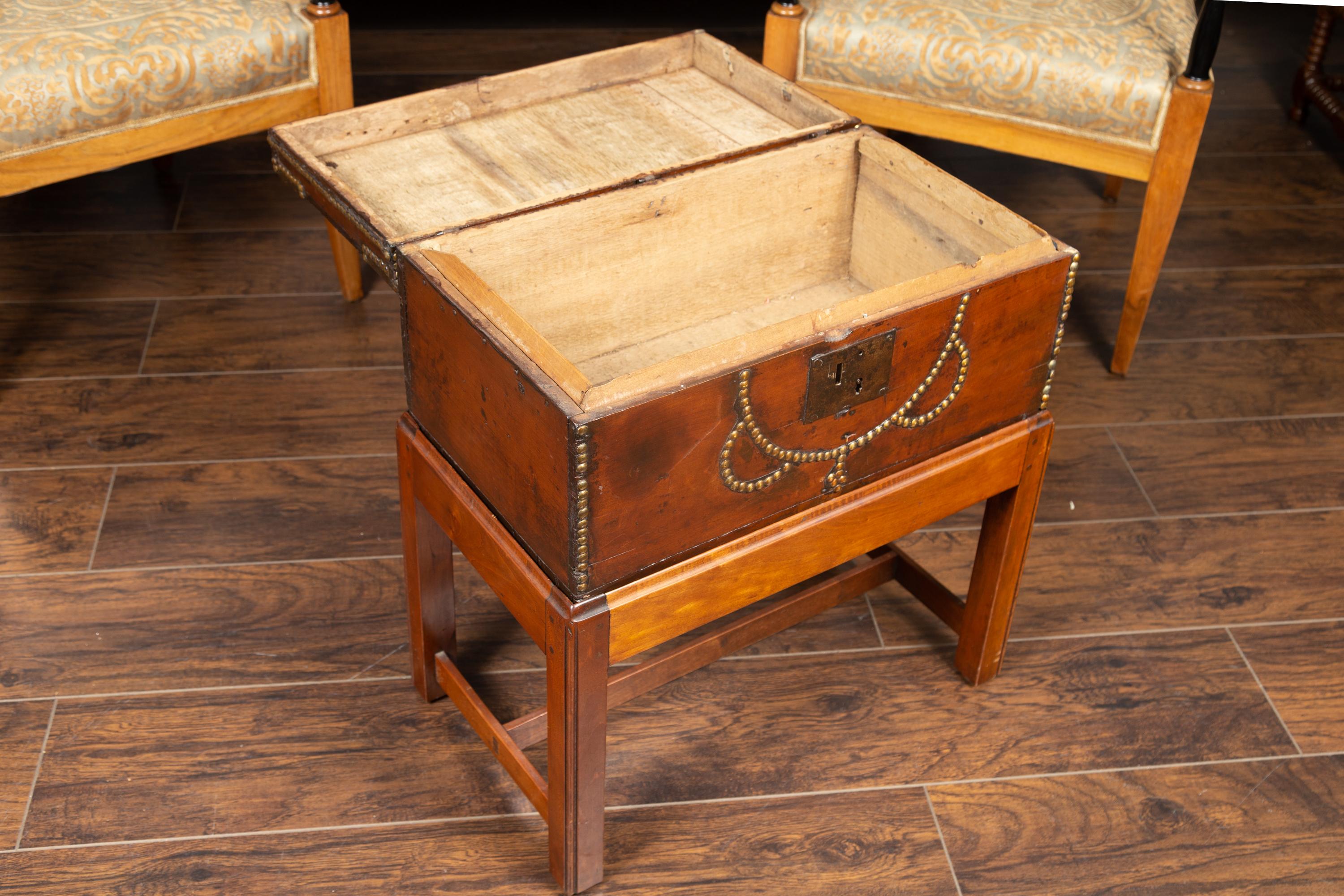 19th Century English 1870s Leather Bound Box with Brass Studs, Mounted on Custom Wooden Stand For Sale