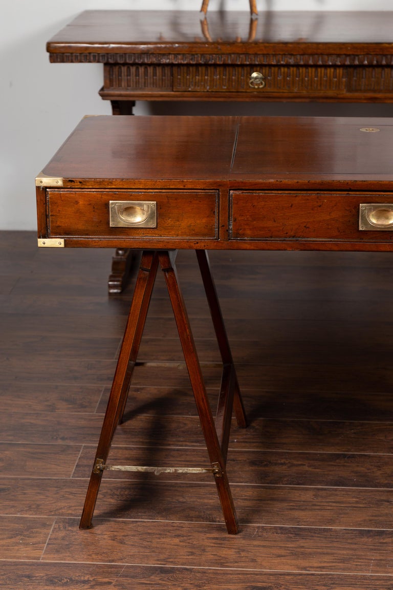 English 1870s Mahogany Campaign Desk with Movable Panel and Three