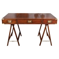 English 1870s Mahogany Campaign Desk with Movable Panel and Three Drawers