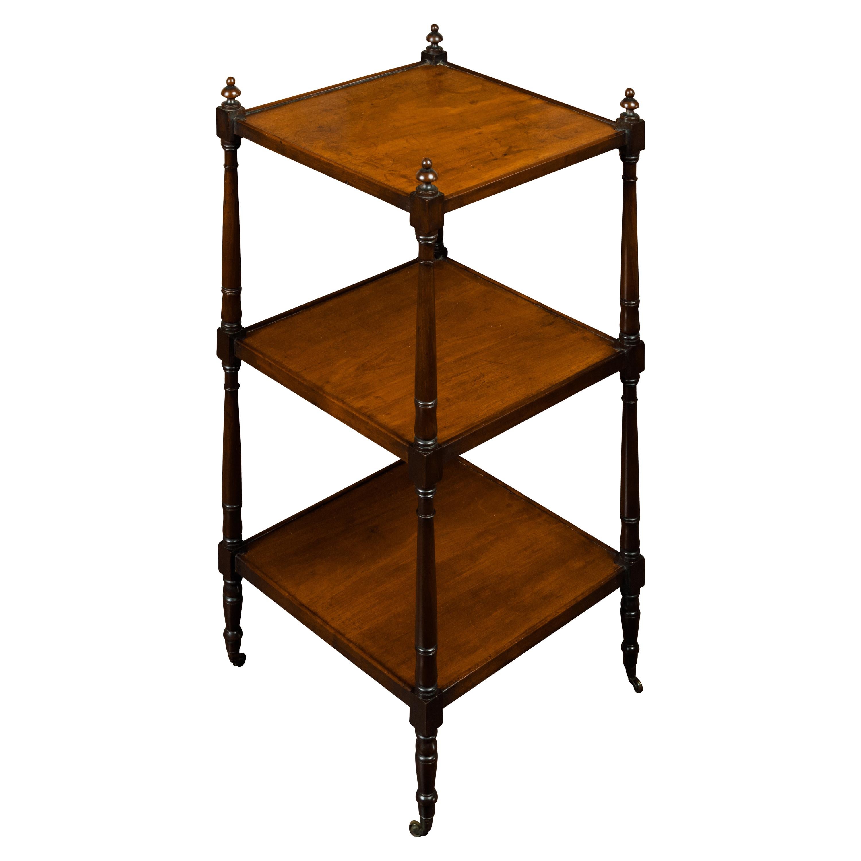English 1870s Mahogany Three-Tiered Trolley with Turned Side Posts and Casters