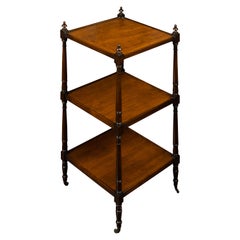 Antique English 1870s Mahogany Three-Tiered Trolley with Turned Side Posts and Casters