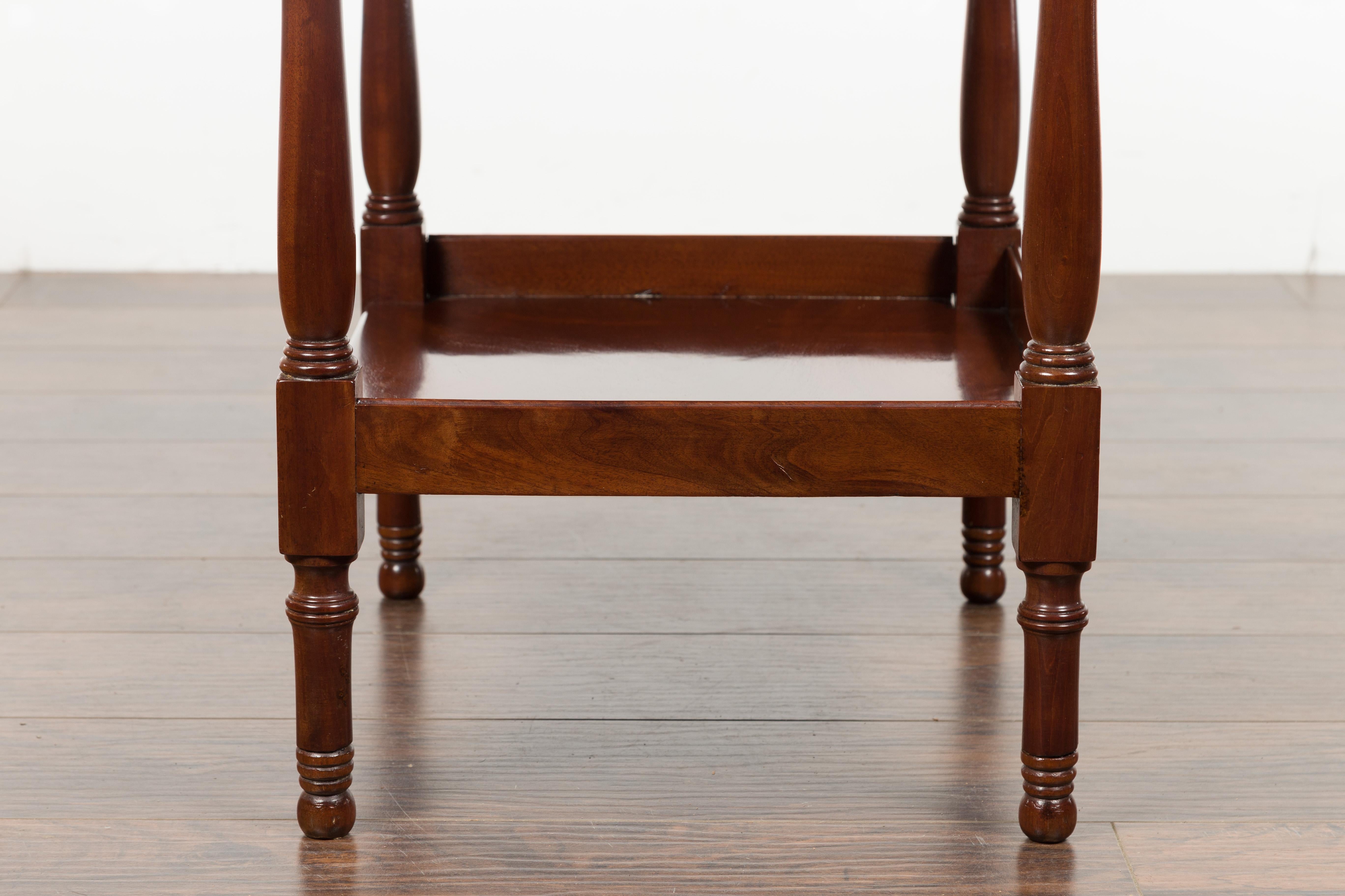 English 1870s Mahogany Tiered Table with Turned Legs and Low Shelf and Finials 12