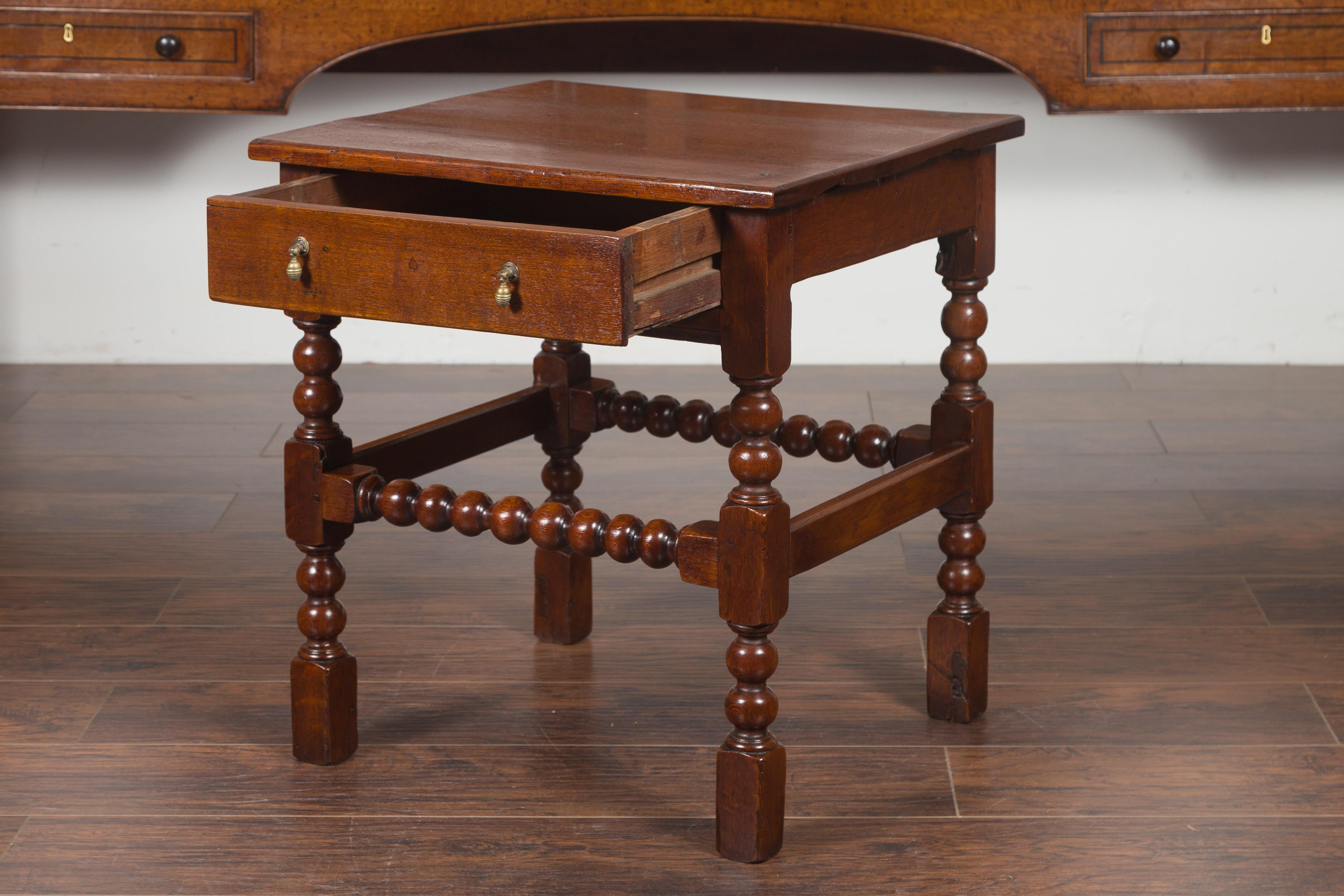 English 1870s Oak Bobbin Leg Side Table with Single Drawer and Stretchers For Sale 2