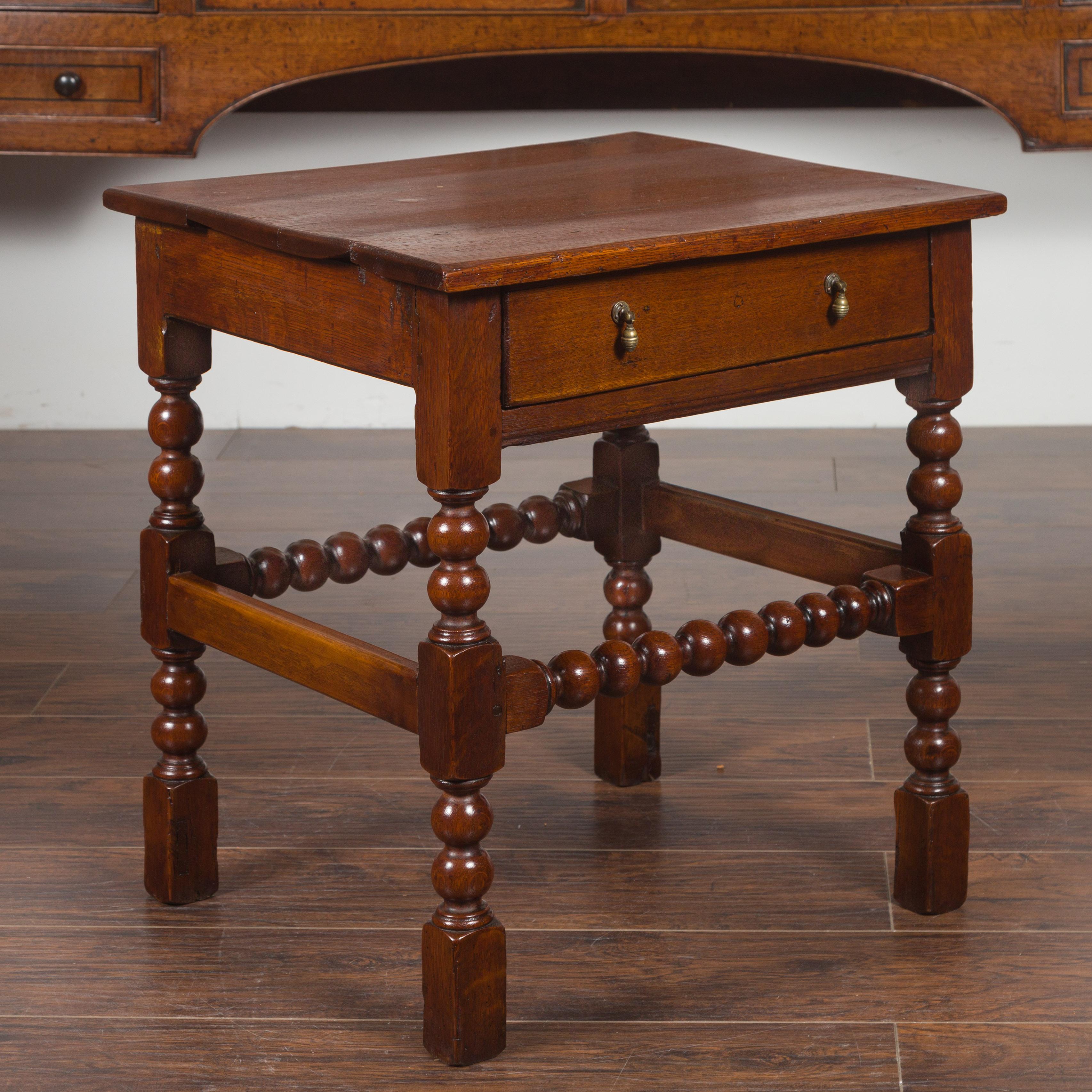 English 1870s Oak Bobbin Leg Side Table with Single Drawer and Stretchers For Sale 9