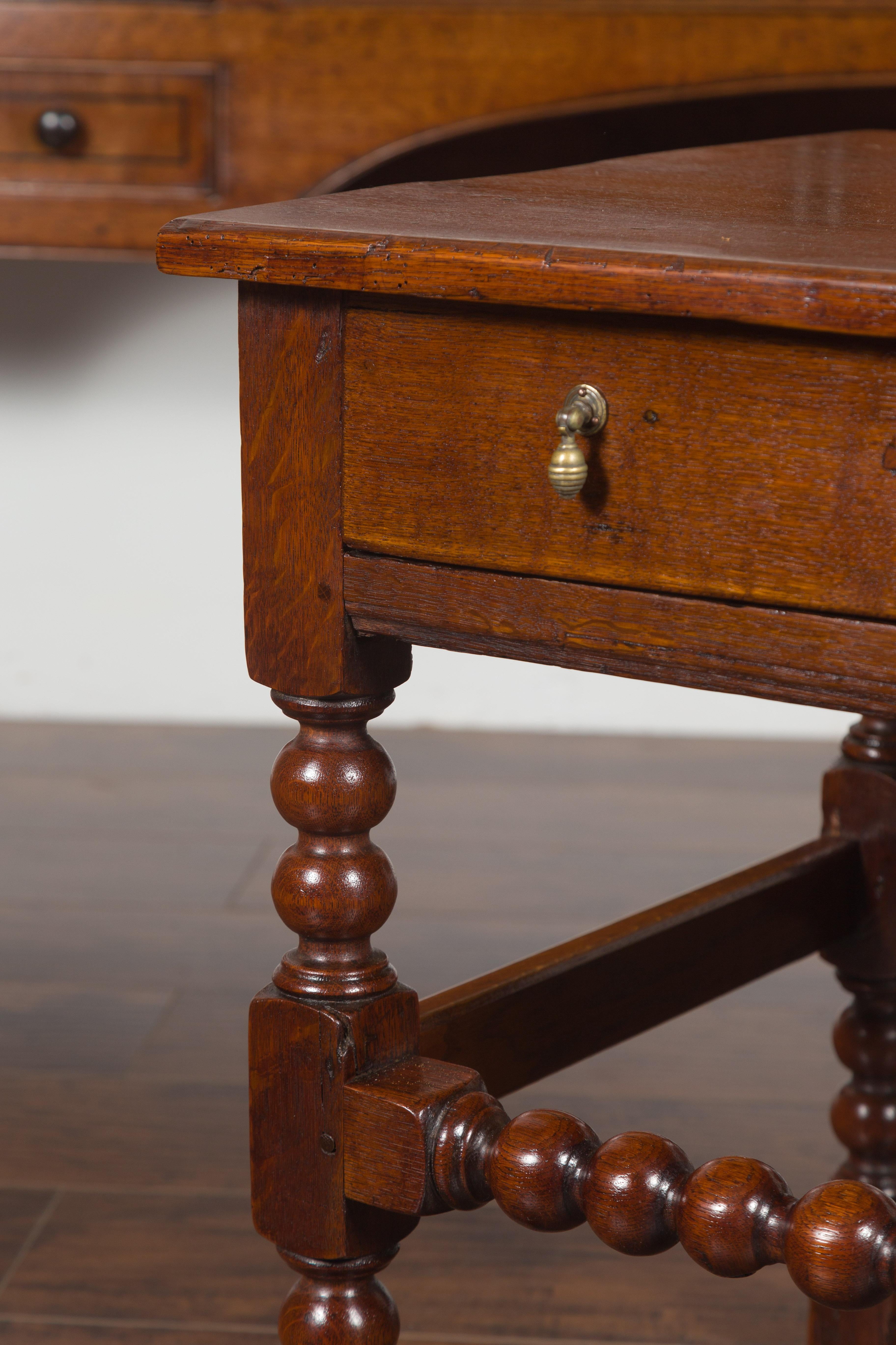 Turned English 1870s Oak Bobbin Leg Side Table with Single Drawer and Stretchers For Sale