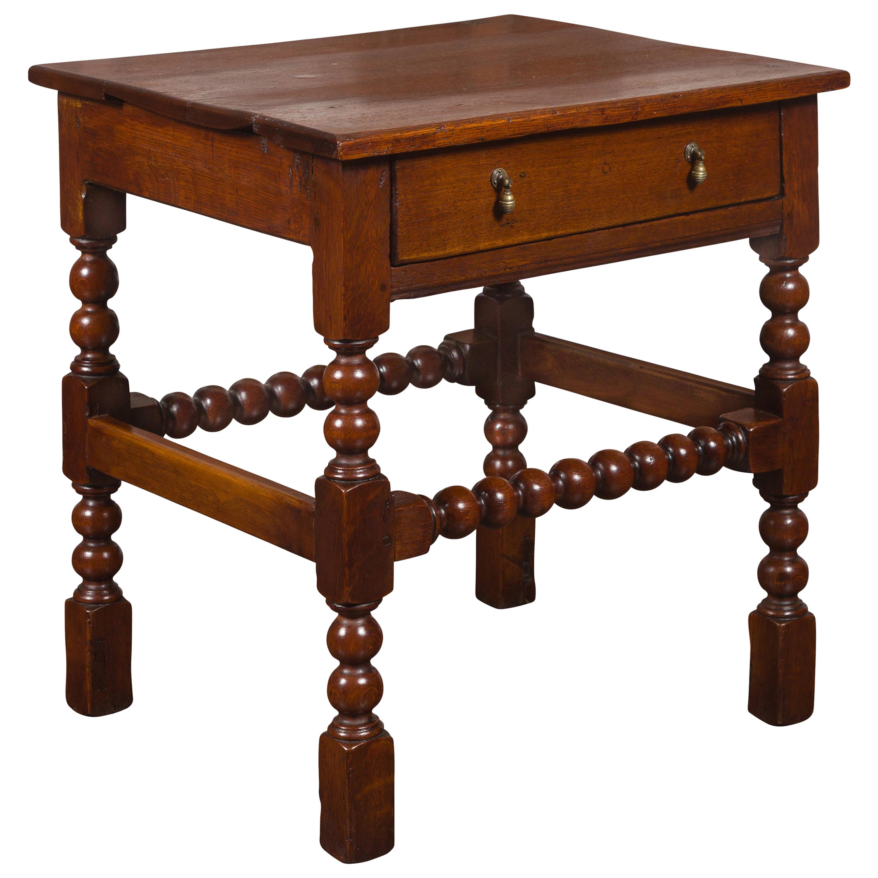 English 1870s Oak Bobbin Leg Side Table with Single Drawer and Stretchers For Sale