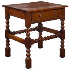 English 1870s Oak Bobbin Leg Side Table with Single Drawer and Stretchers