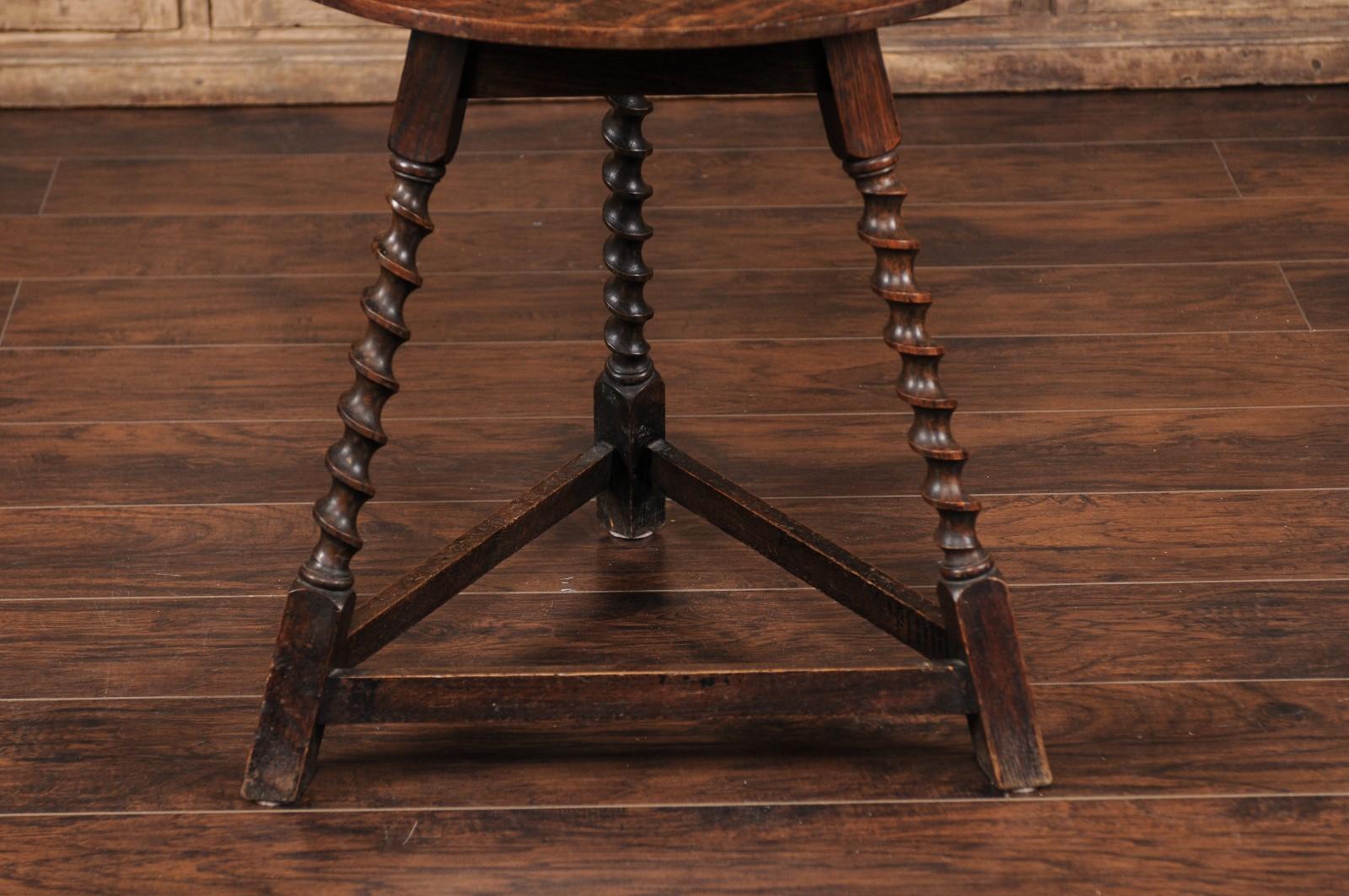 Turned English 1870s Oak Cricket Table with Barley Twist Legs and Side Stretchers