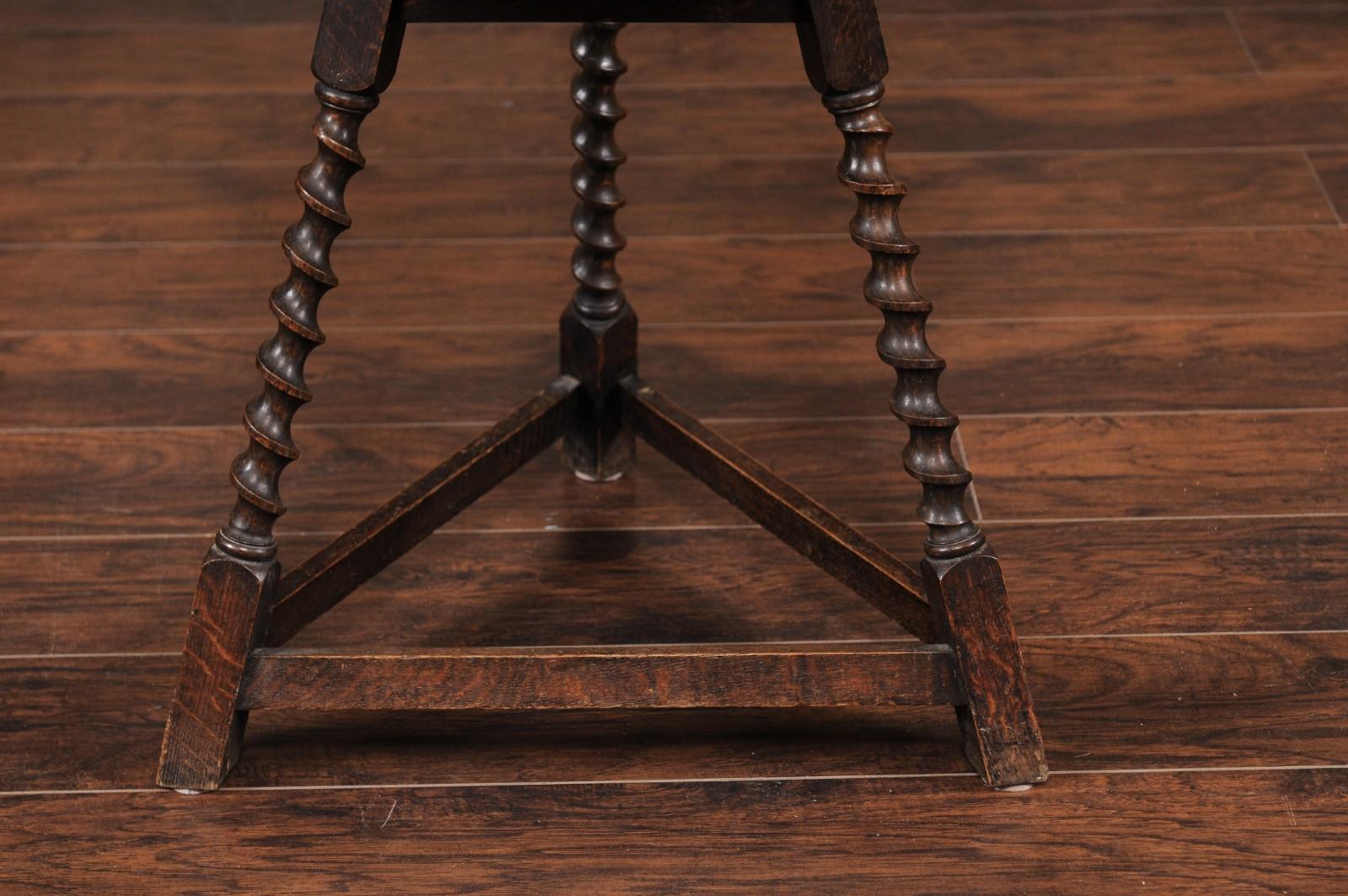 English 1870s Oak Cricket Table with Barley Twist Legs and Side Stretchers 3