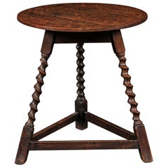 English 1870s Oak Cricket Table with Barley Twist Legs and Side Stretchers