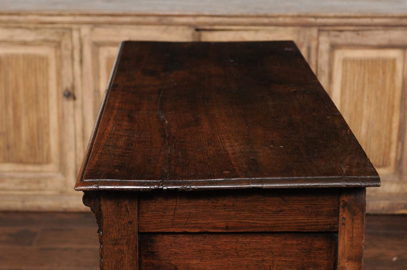 English 1870s Oak Dresser Base with Carved Geometric Front and Two Drawers For Sale 6