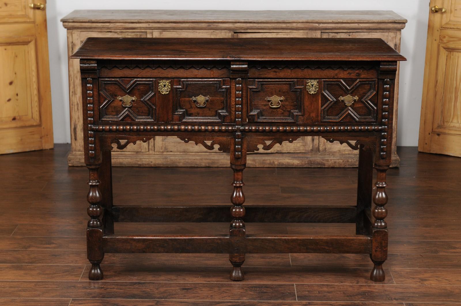 English 1870s Oak Dresser Base with Carved Geometric Front and Two Drawers For Sale 7