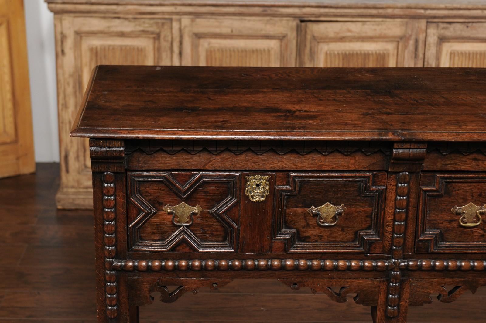 English 1870s Oak Dresser Base with Carved Geometric Front and Two Drawers For Sale 10