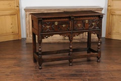 English 1870s Oak Dresser Base with Carved Geometric Front and Two Drawers