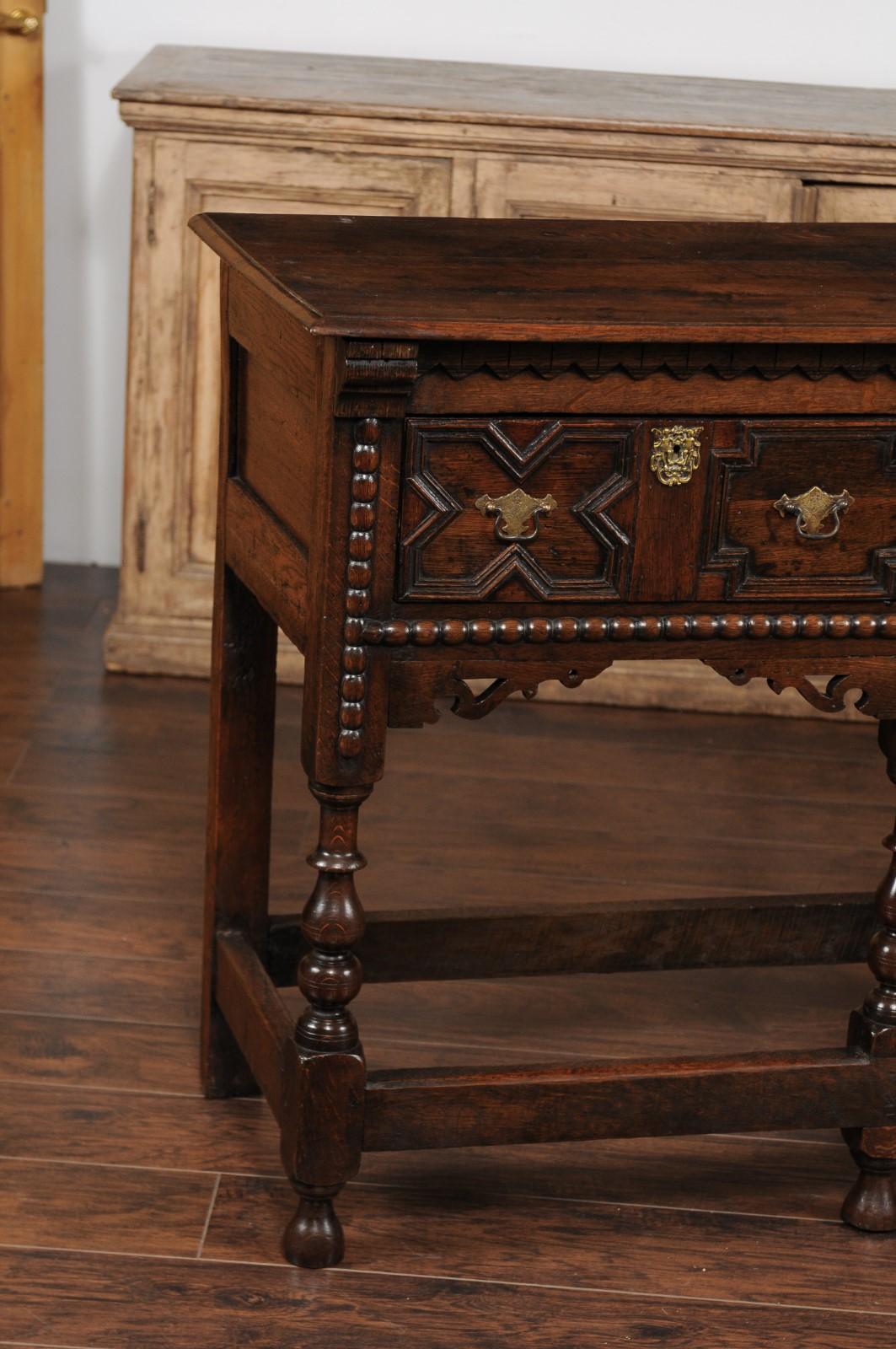 English 1870s Oak Dresser Base with Carved Geometric Front and Two Drawers In Good Condition For Sale In Atlanta, GA