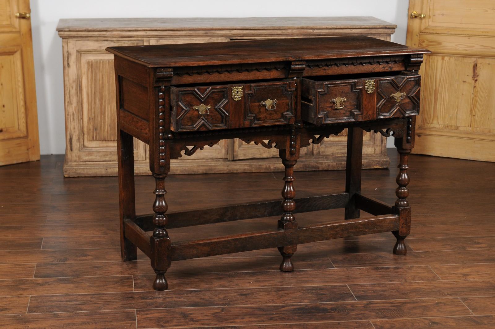 19th Century English 1870s Oak Dresser Base with Carved Geometric Front and Two Drawers For Sale