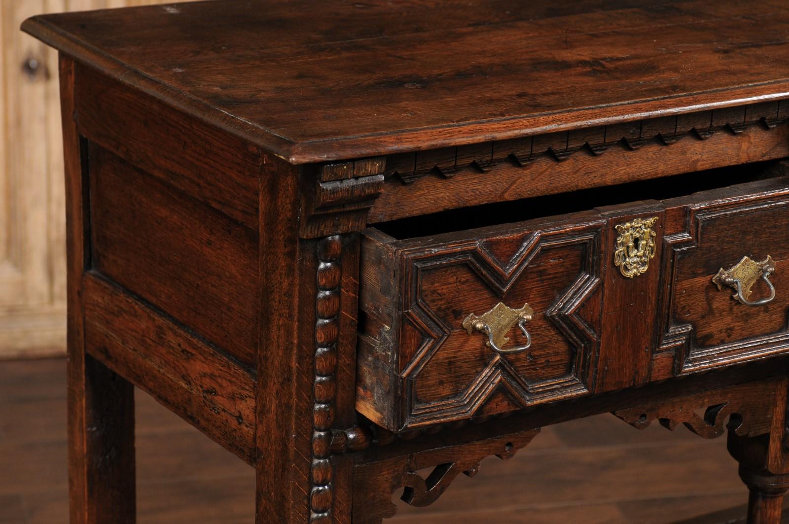 English 1870s Oak Dresser Base with Carved Geometric Front and Two Drawers For Sale 1