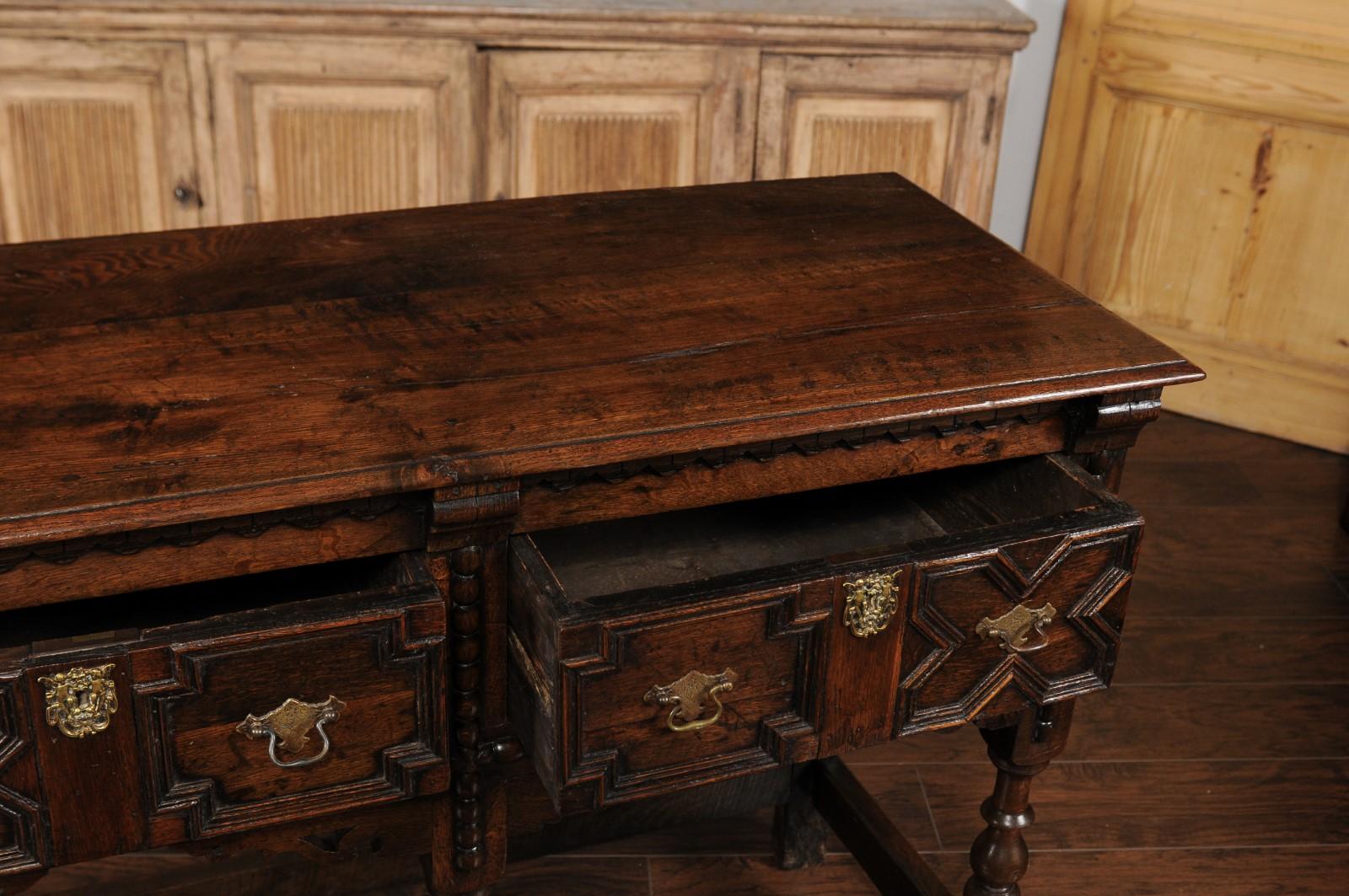 English 1870s Oak Dresser Base with Carved Geometric Front and Two Drawers For Sale 2