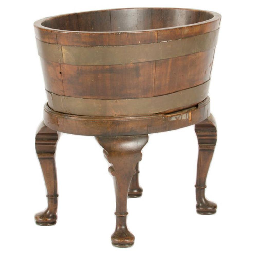 Jardinera o enfriador de vino inglés de 1870, de roble, con tirantes de latón y forro de hojalata
