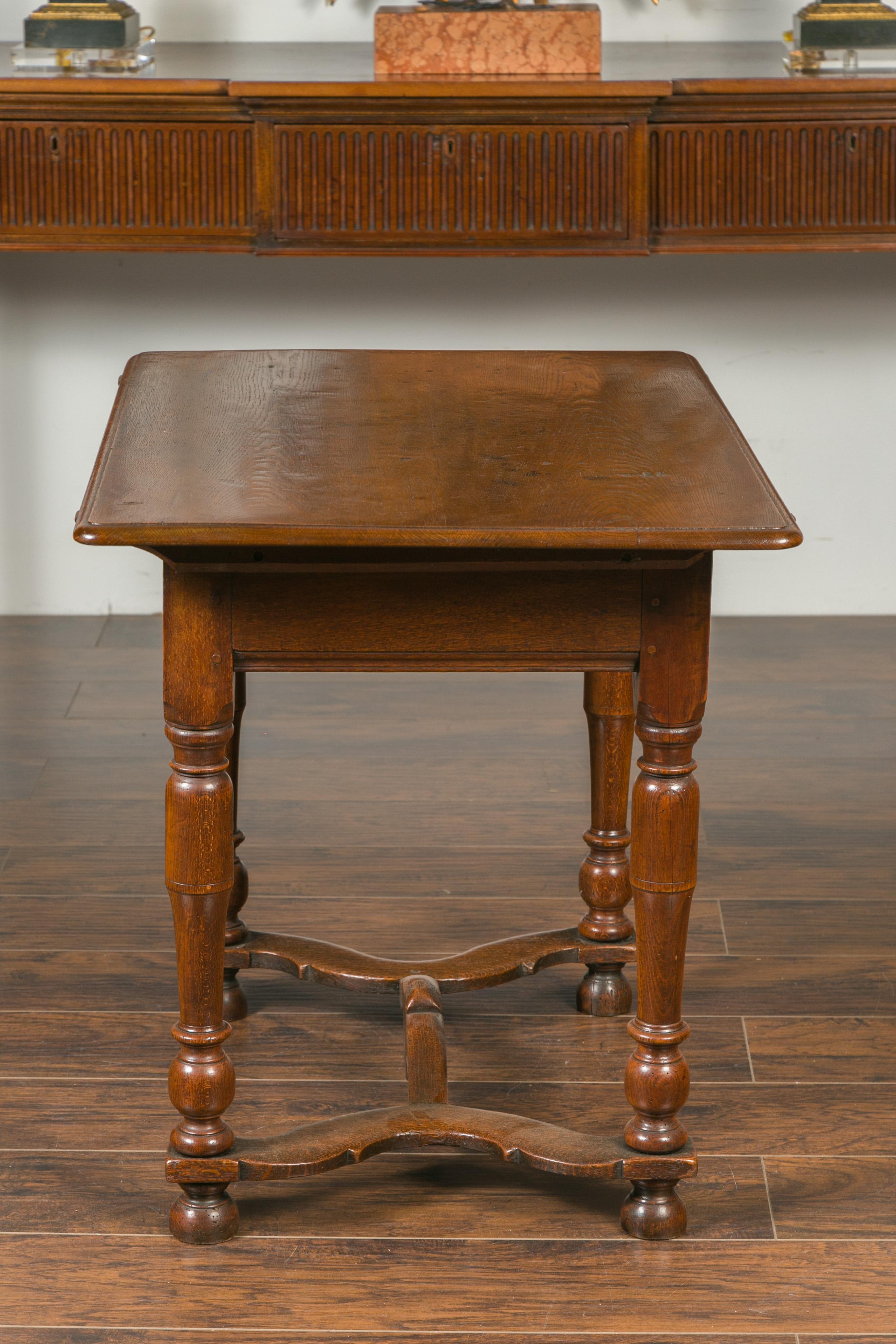 English 1870s Oak Side Table with Single Drawer, Turned Legs and Cross Stretcher 8