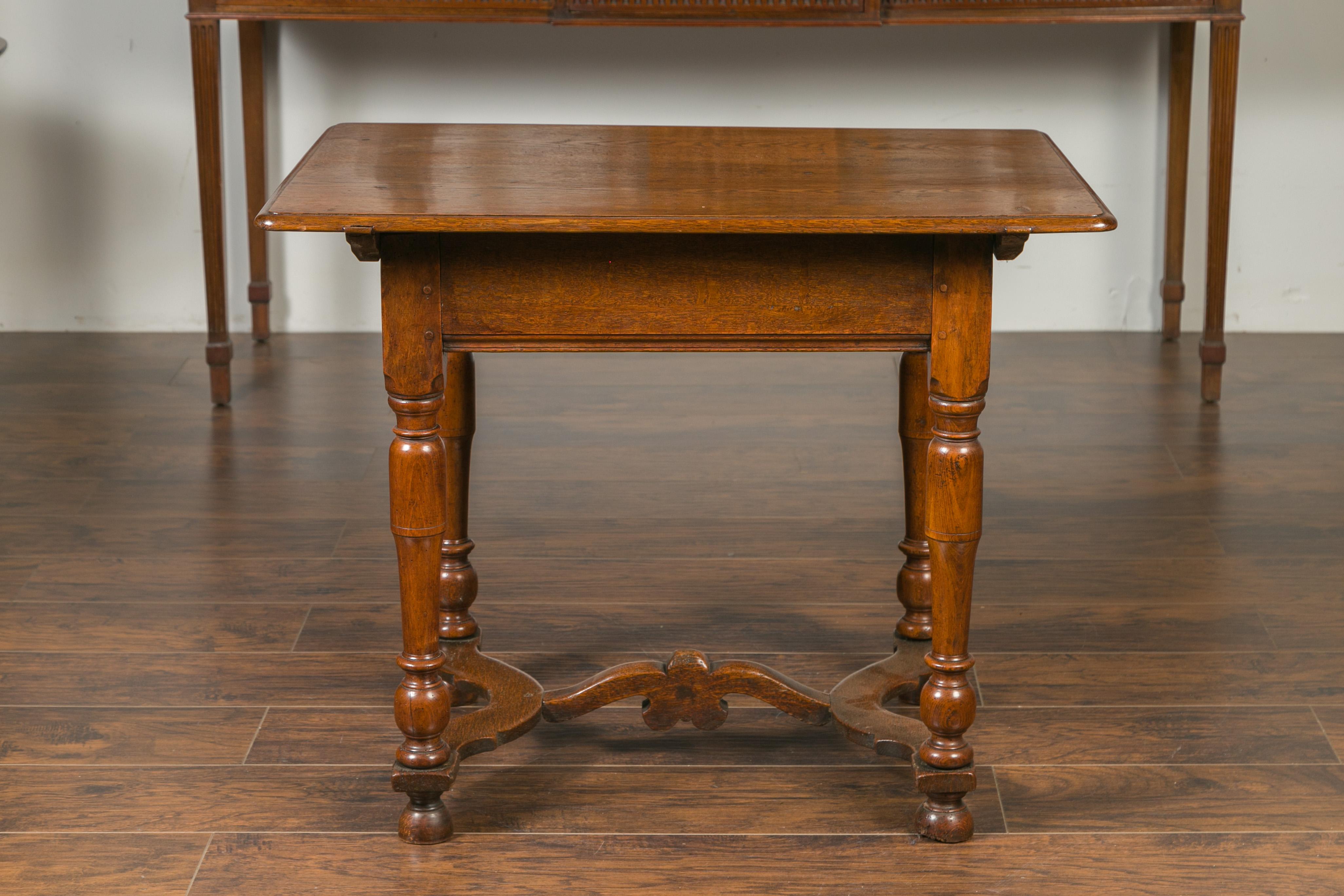English 1870s Oak Side Table with Single Drawer, Turned Legs and Cross Stretcher 9