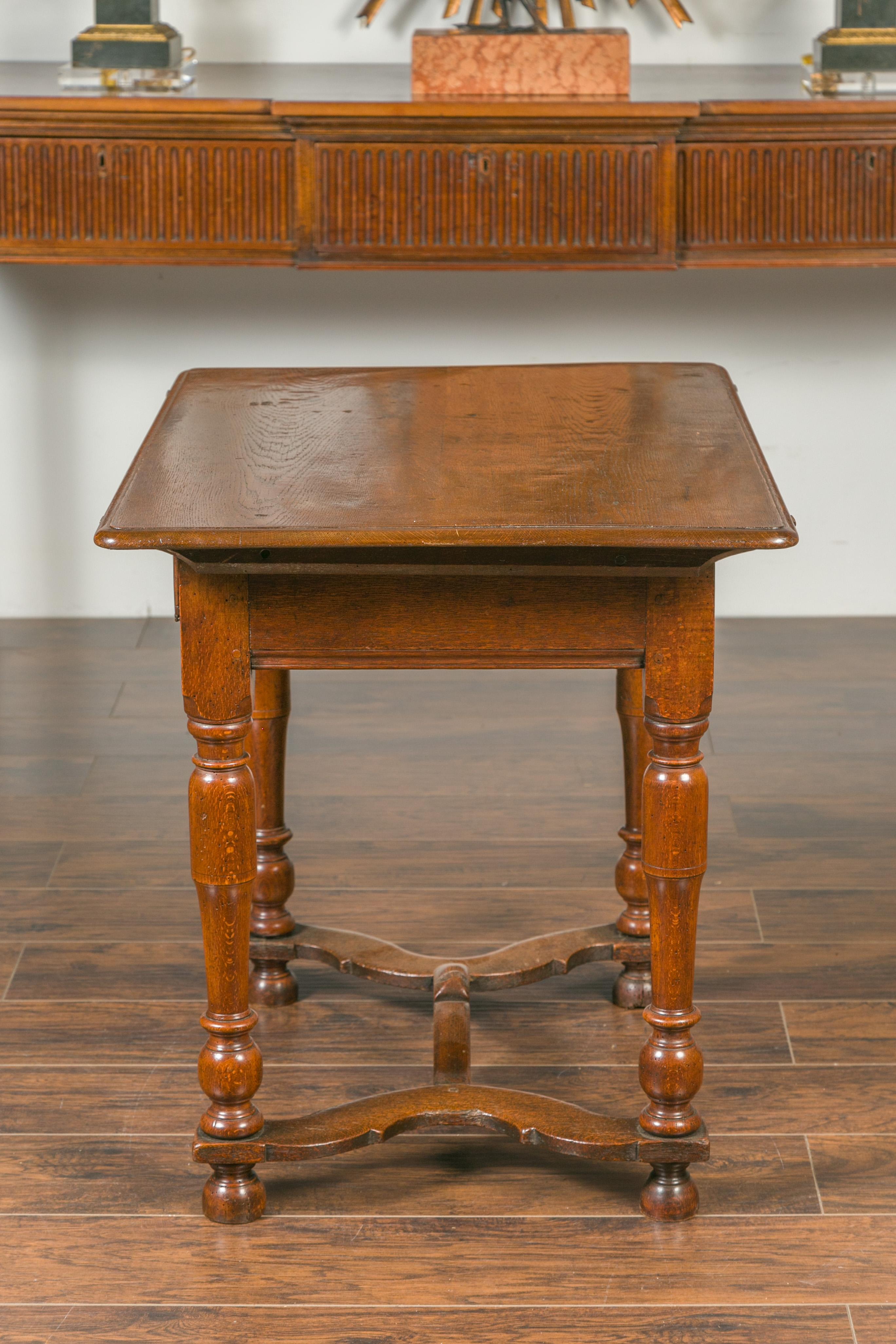 English 1870s Oak Side Table with Single Drawer, Turned Legs and Cross Stretcher 10