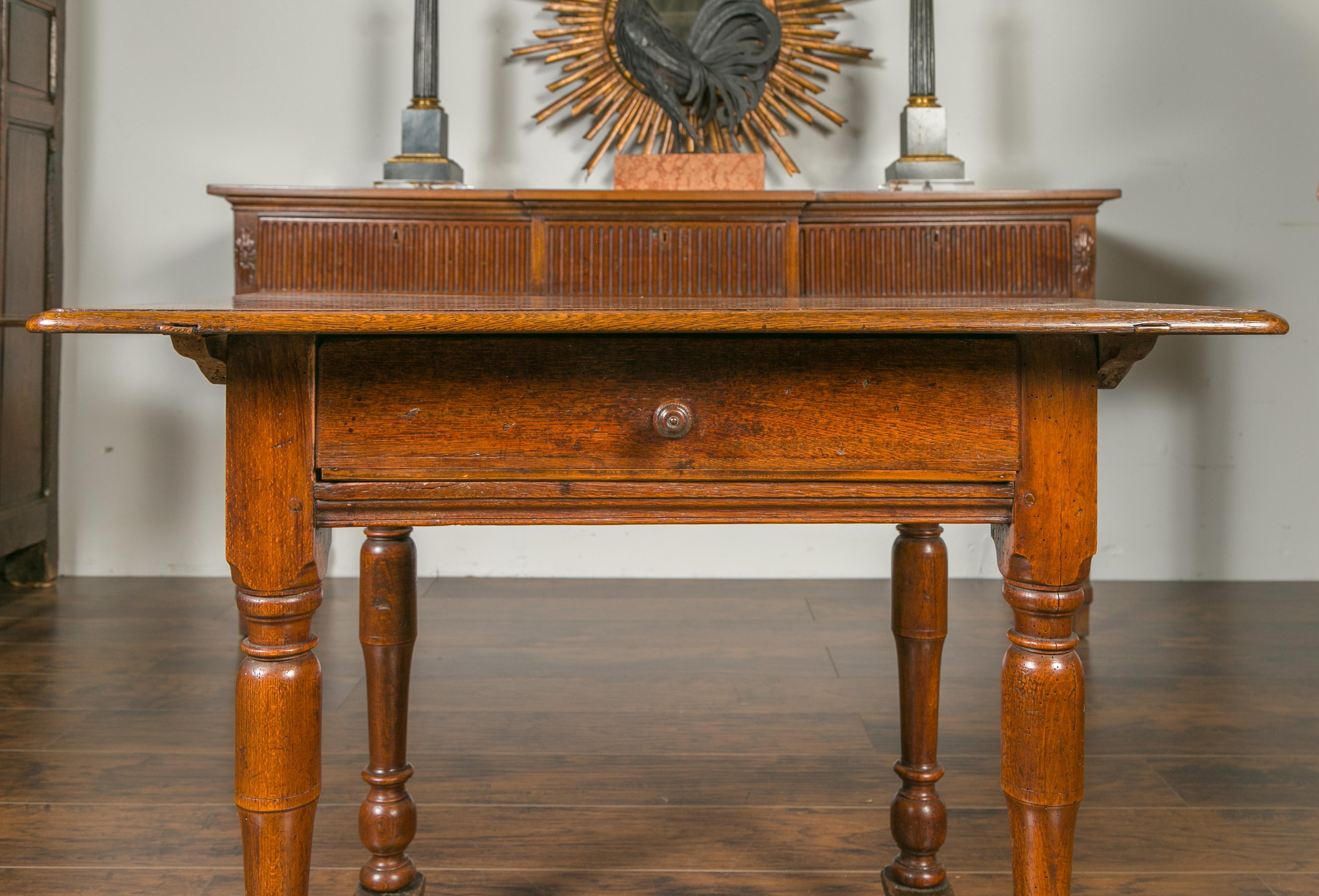 English 1870s Oak Side Table with Single Drawer, Turned Legs and Cross Stretcher 2