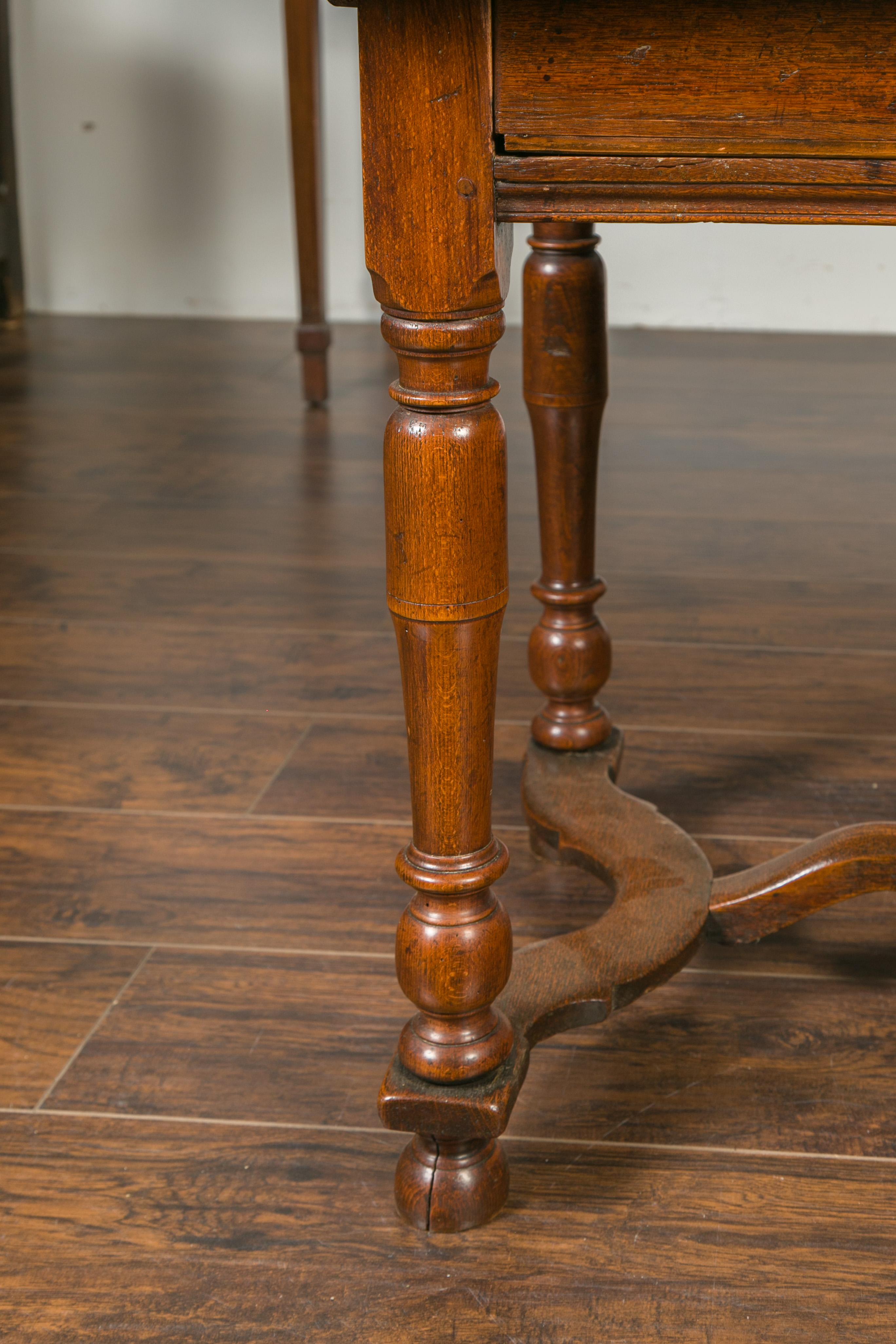 English 1870s Oak Side Table with Single Drawer, Turned Legs and Cross Stretcher 3