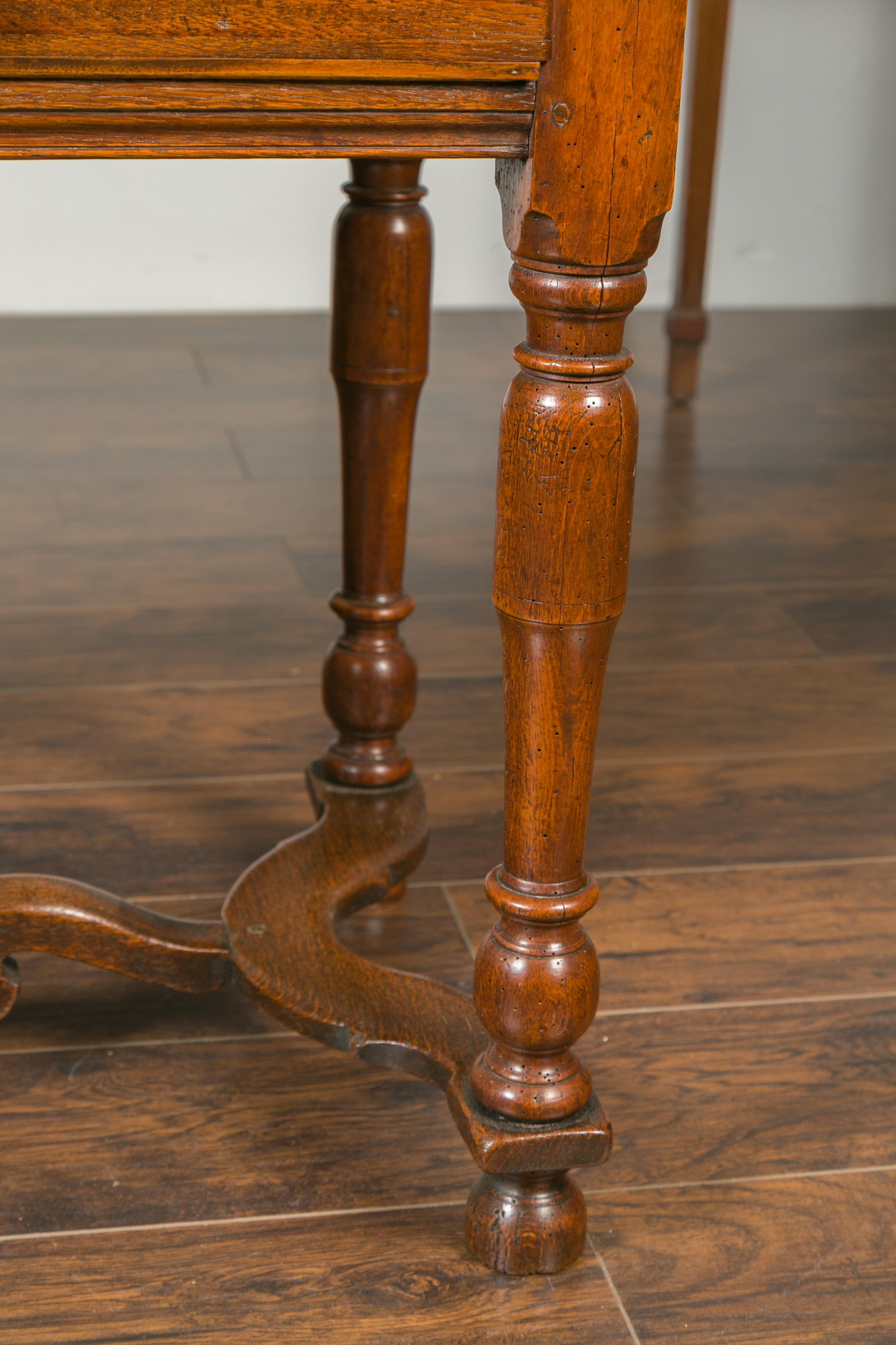 English 1870s Oak Side Table with Single Drawer, Turned Legs and Cross Stretcher 4