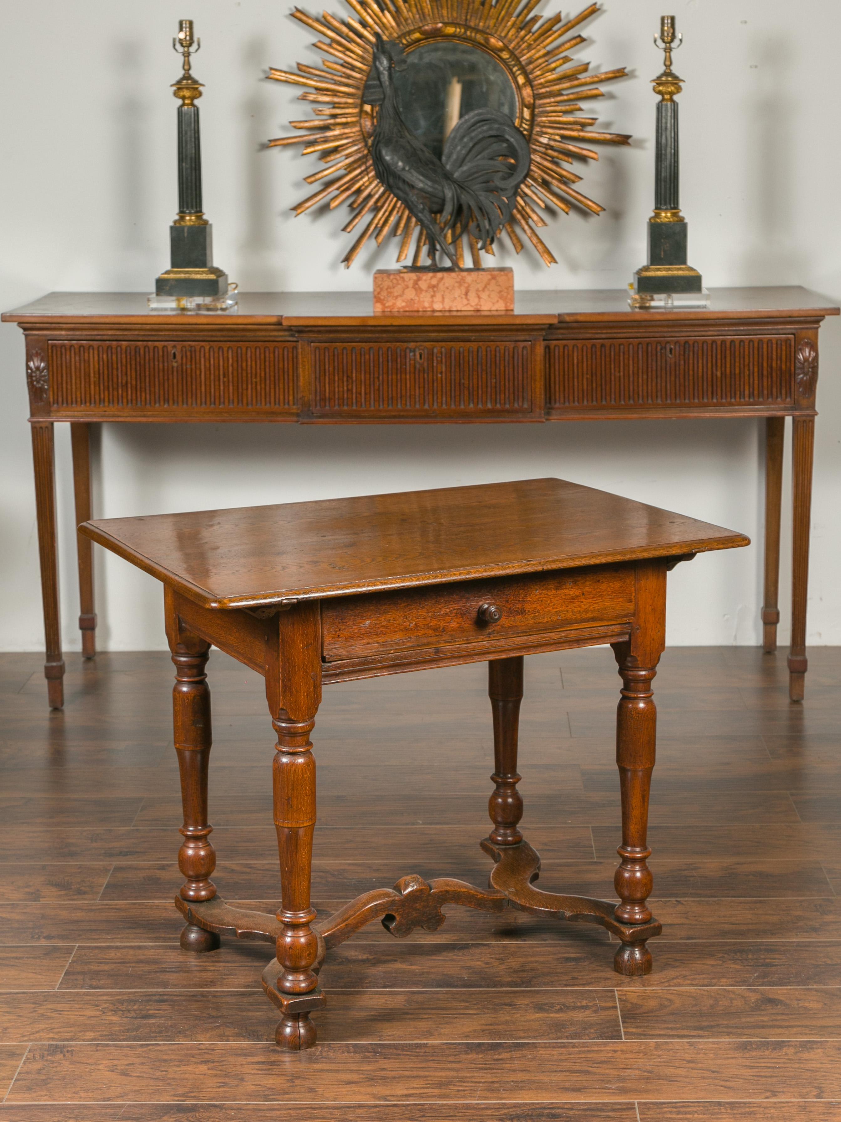 English 1870s Oak Side Table with Single Drawer, Turned Legs and Cross Stretcher 5