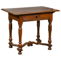English 1870s Oak Side Table with Single Drawer, Turned Legs and Cross Stretcher