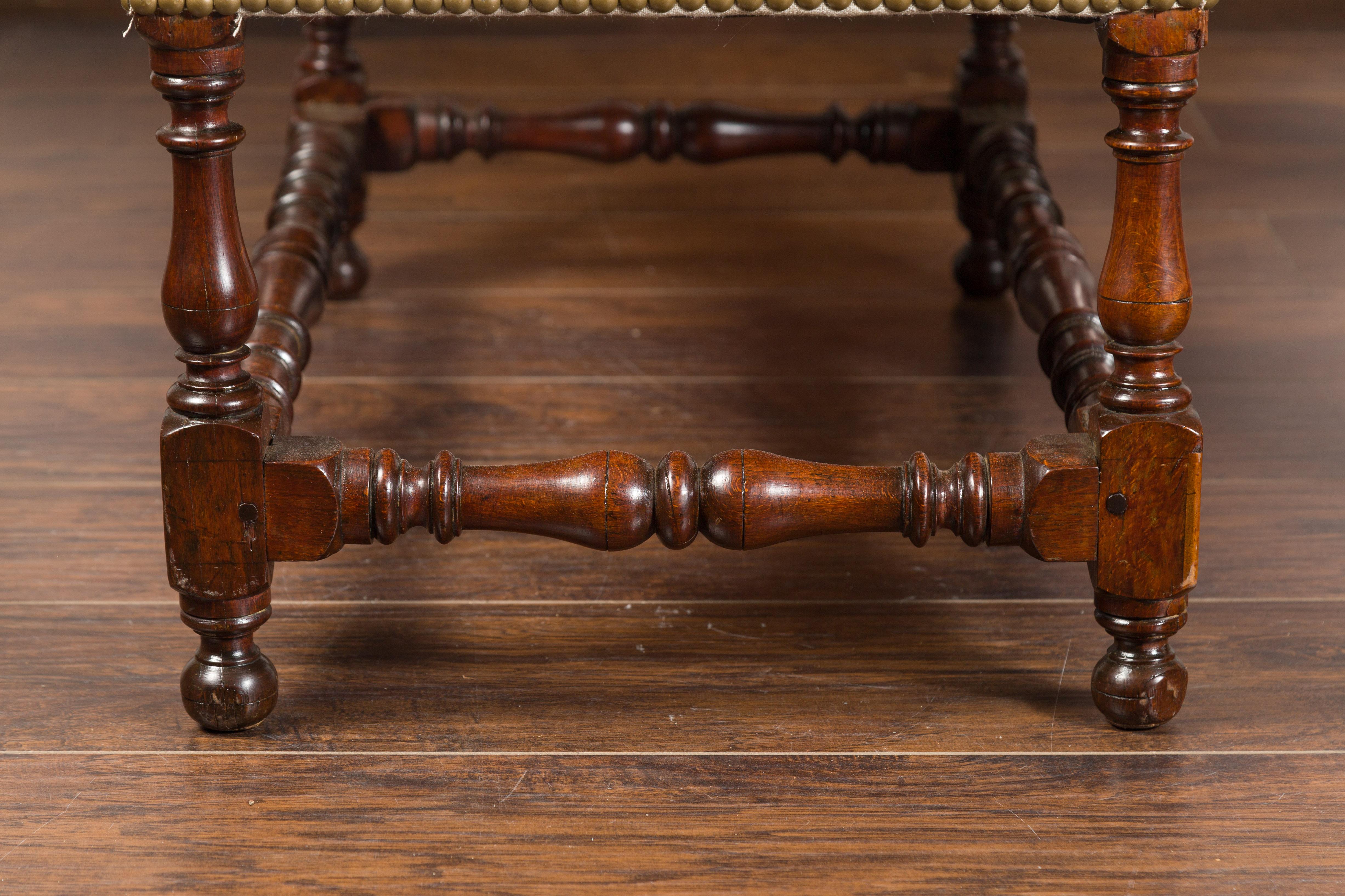 English 1870s Oak Stool with Turned Legs, Stretchers and New Upholstery 6