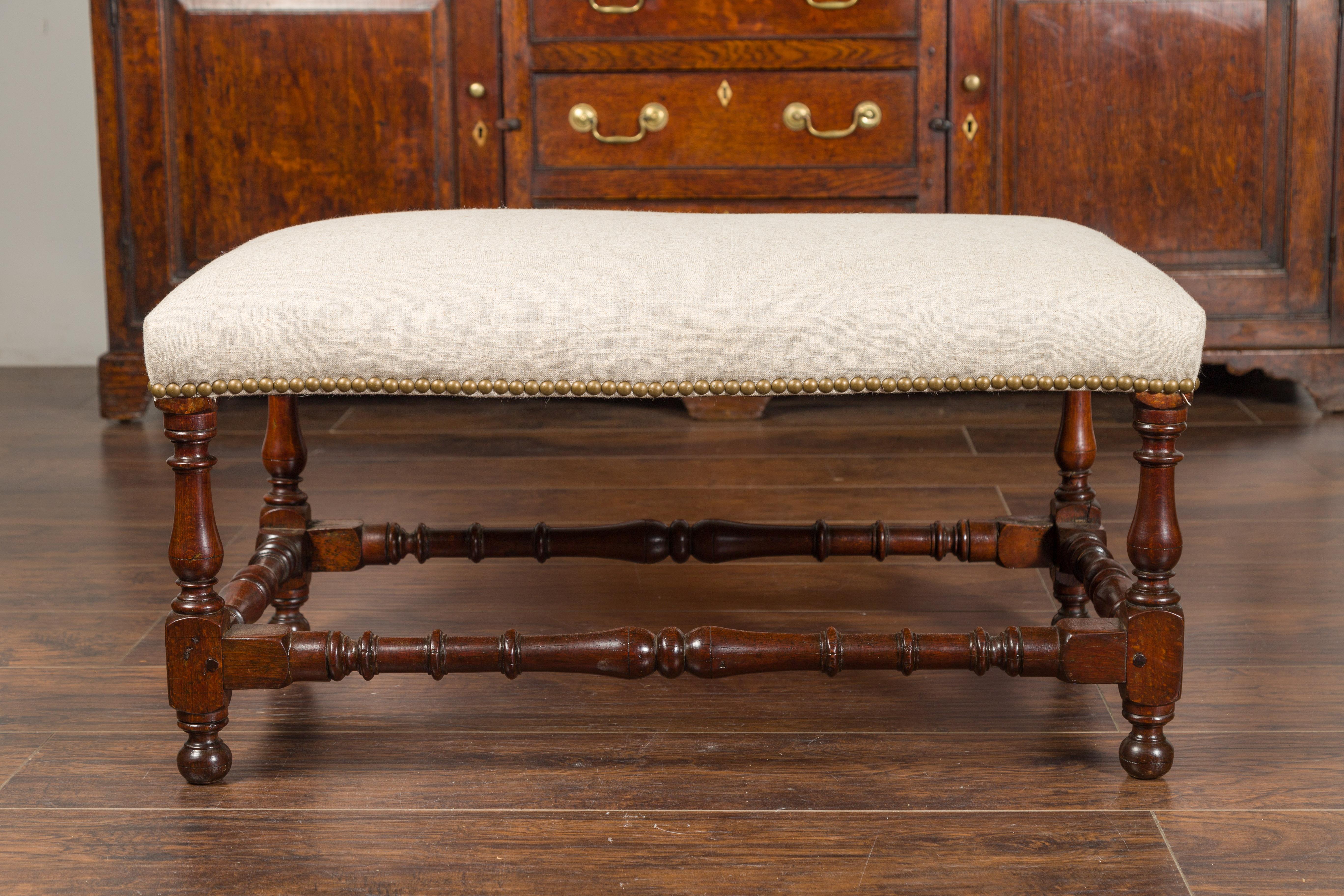 English 1870s Oak Stool with Turned Legs, Stretchers and New Upholstery 7