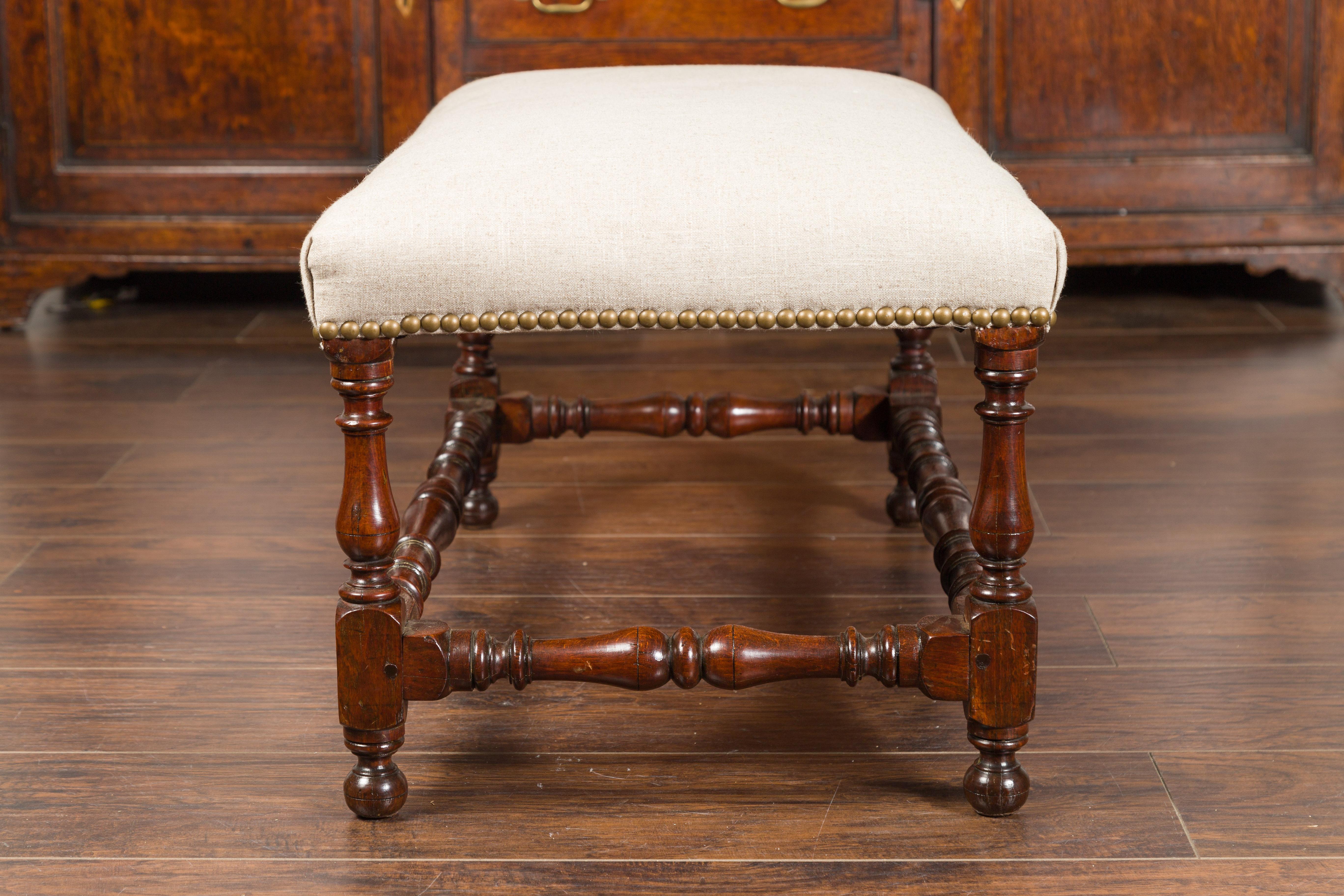 English 1870s Oak Stool with Turned Legs, Stretchers and New Upholstery 8