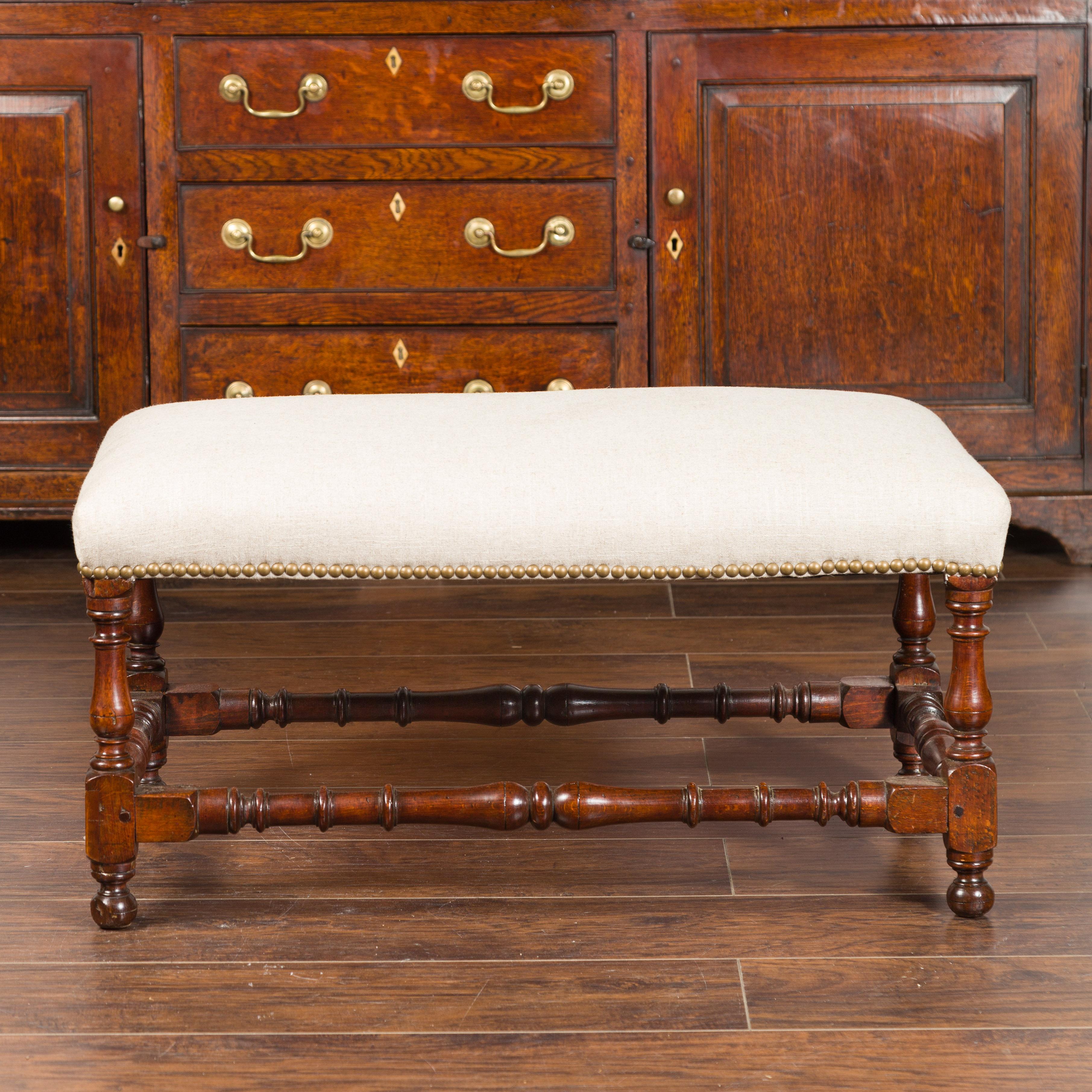 English 1870s Oak Stool with Turned Legs, Stretchers and New Upholstery In Good Condition In Atlanta, GA