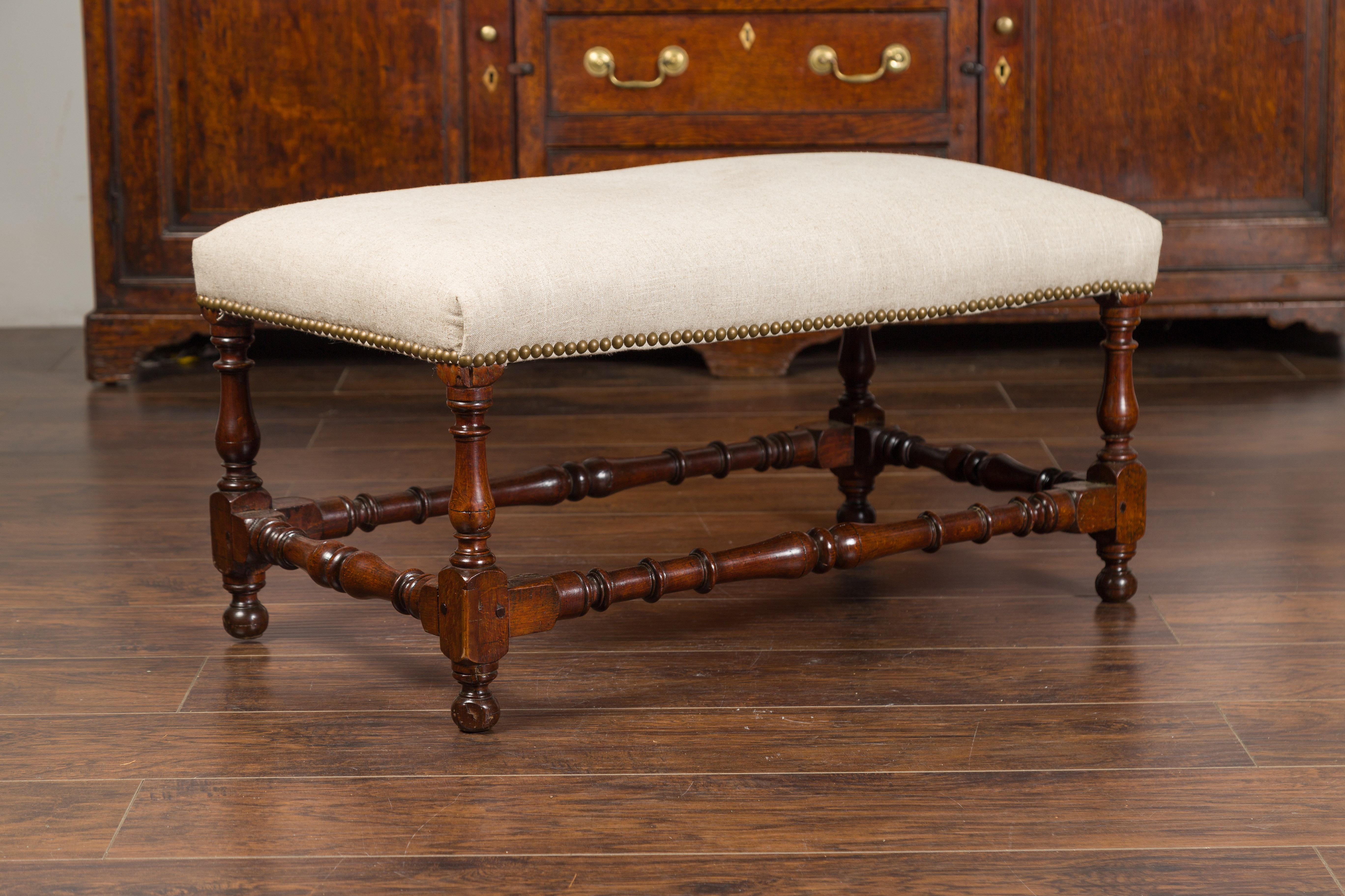 English 1870s Oak Stool with Turned Legs, Stretchers and New Upholstery 1