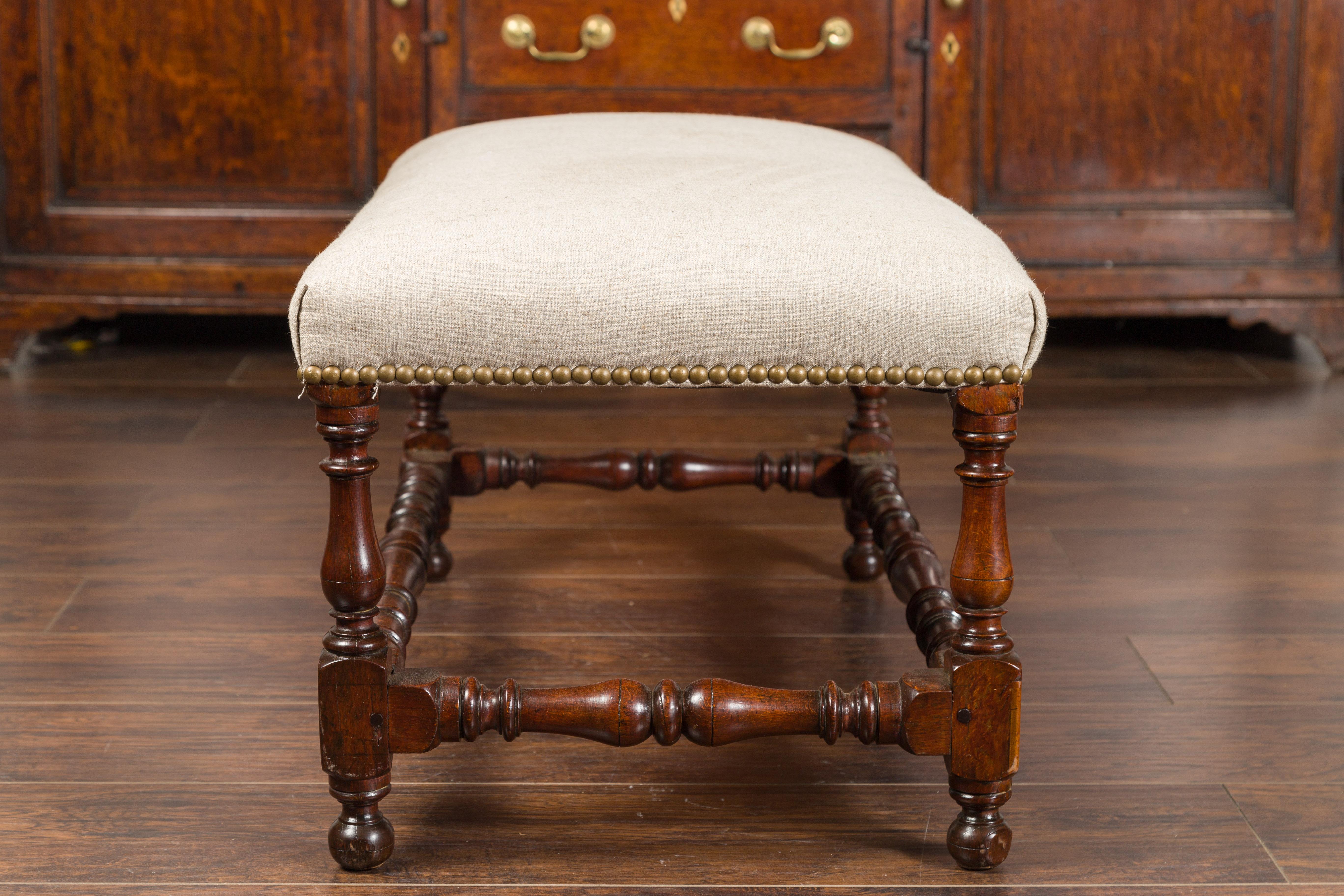 English 1870s Oak Stool with Turned Legs, Stretchers and New Upholstery 5