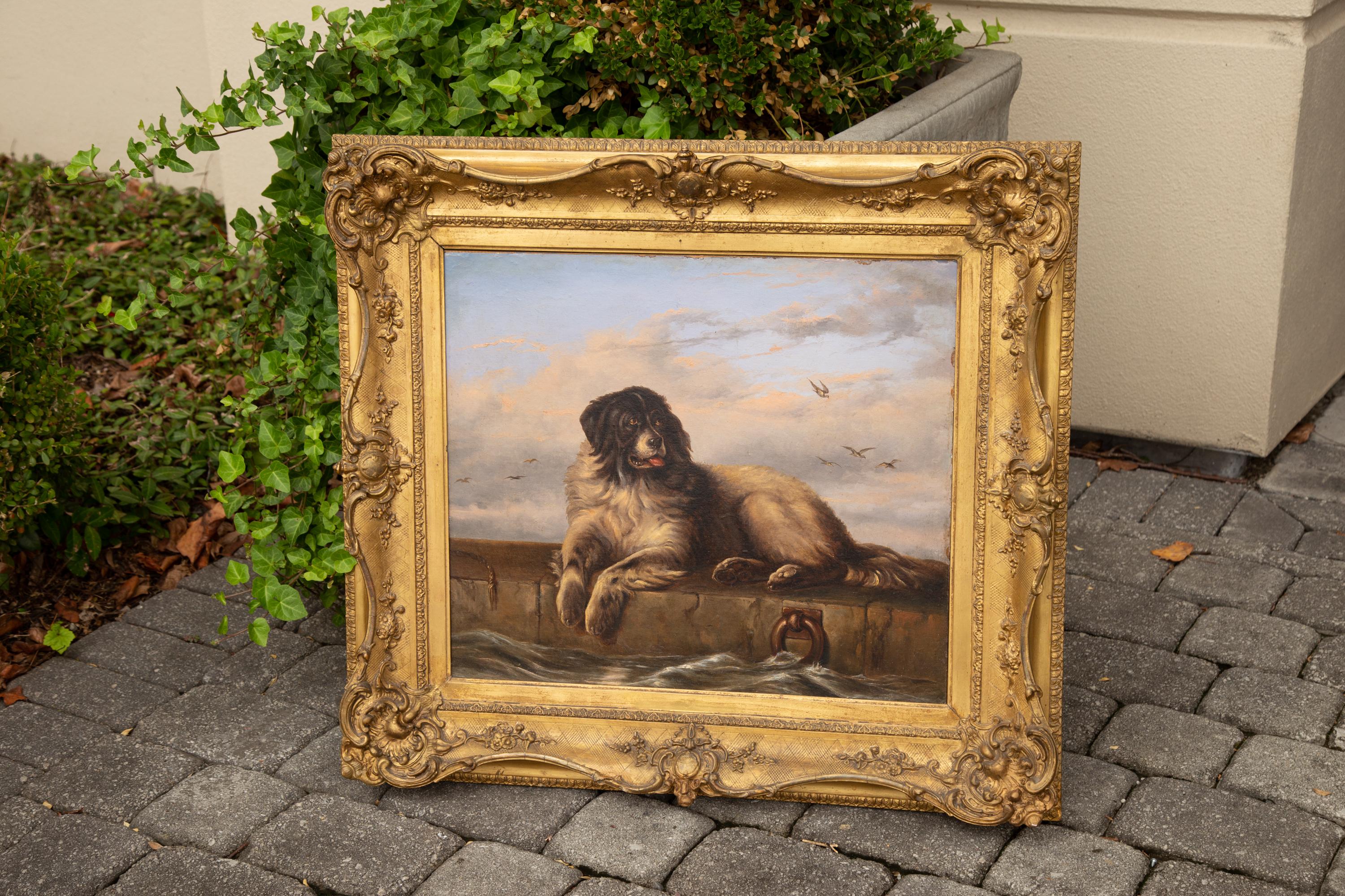 Englisch 1870er Öl auf Karton Neufundländer Hund Gemälde nach Sir Edwin Landseer im Angebot 3