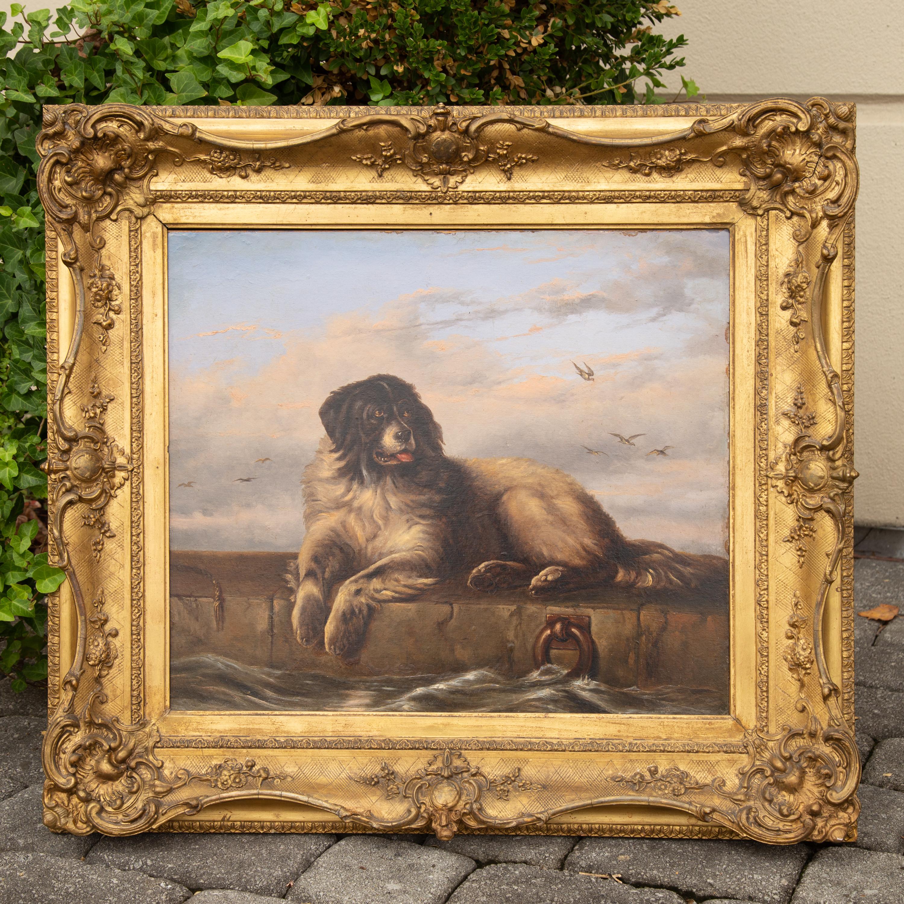 An English oil on board painting from the late 19th century depicting a Newfoundland dog, after Sir Edwin Henry Landseer, set in antique giltwood frame. Directly inspired by the 1831 Landseer oil on canvas painting entitled 