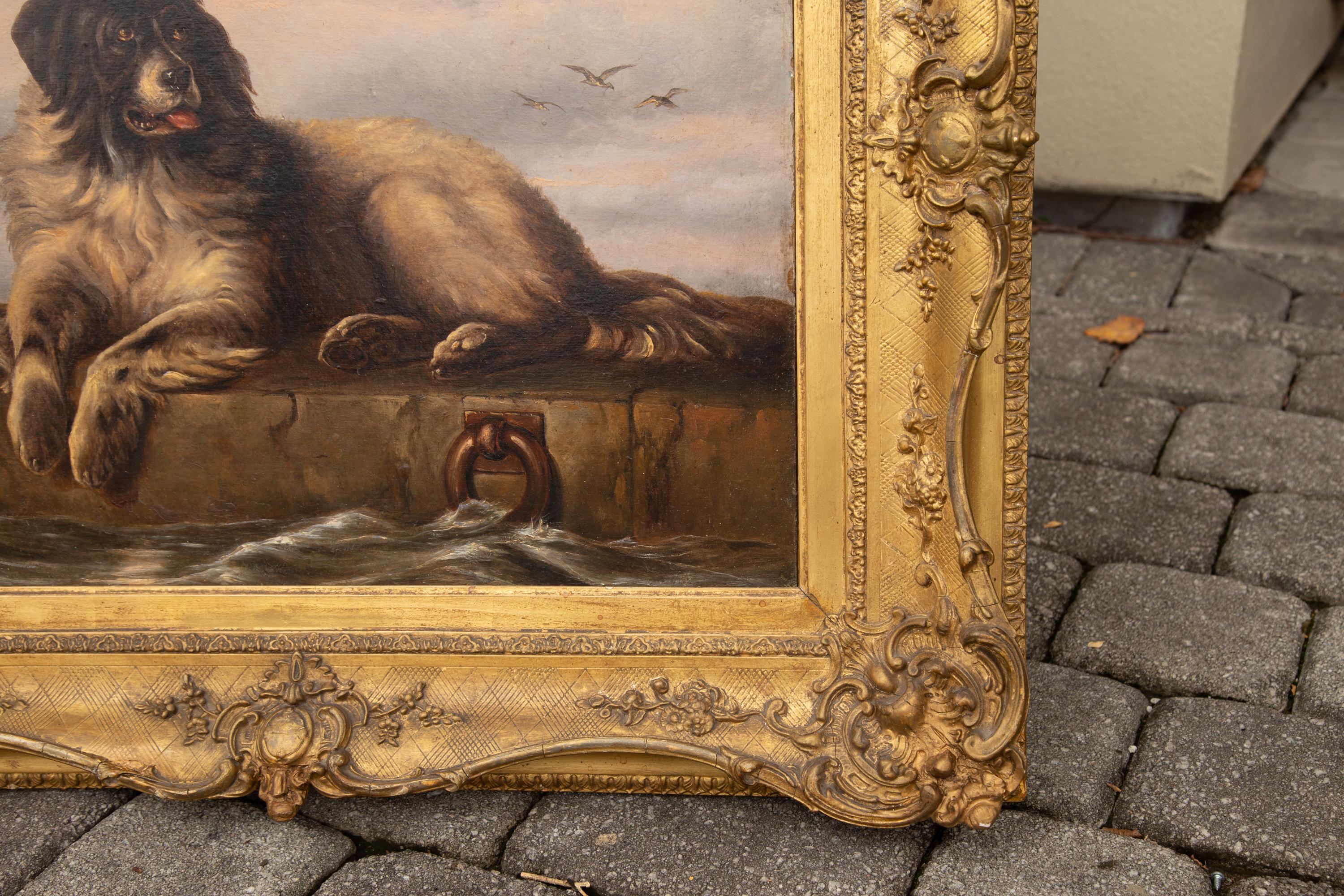 19th Century English 1870s Oil on Board Newfoundland Dog Painting after Sir Edwin Landseer For Sale