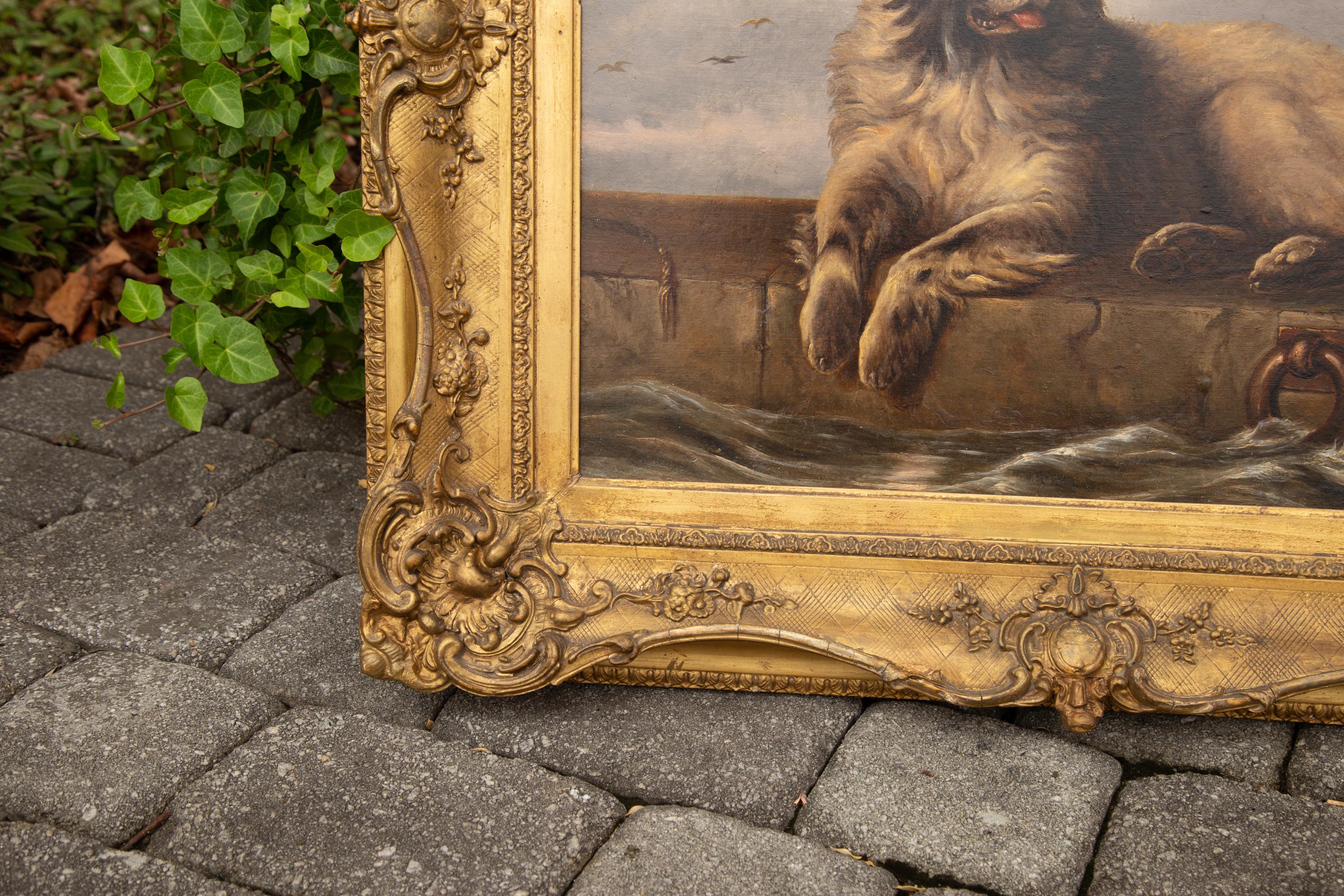 Englisch 1870er Öl auf Karton Neufundländer Hund Gemälde nach Sir Edwin Landseer (Holz) im Angebot