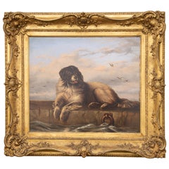 Antique English 1870s Oil on Board Newfoundland Dog Painting after Sir Edwin Landseer